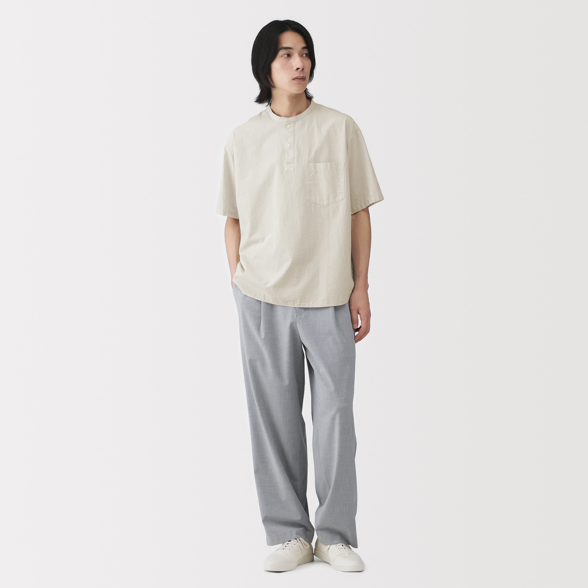 紳士　涼感ヘンリーネック半袖布帛Ｔシャツ