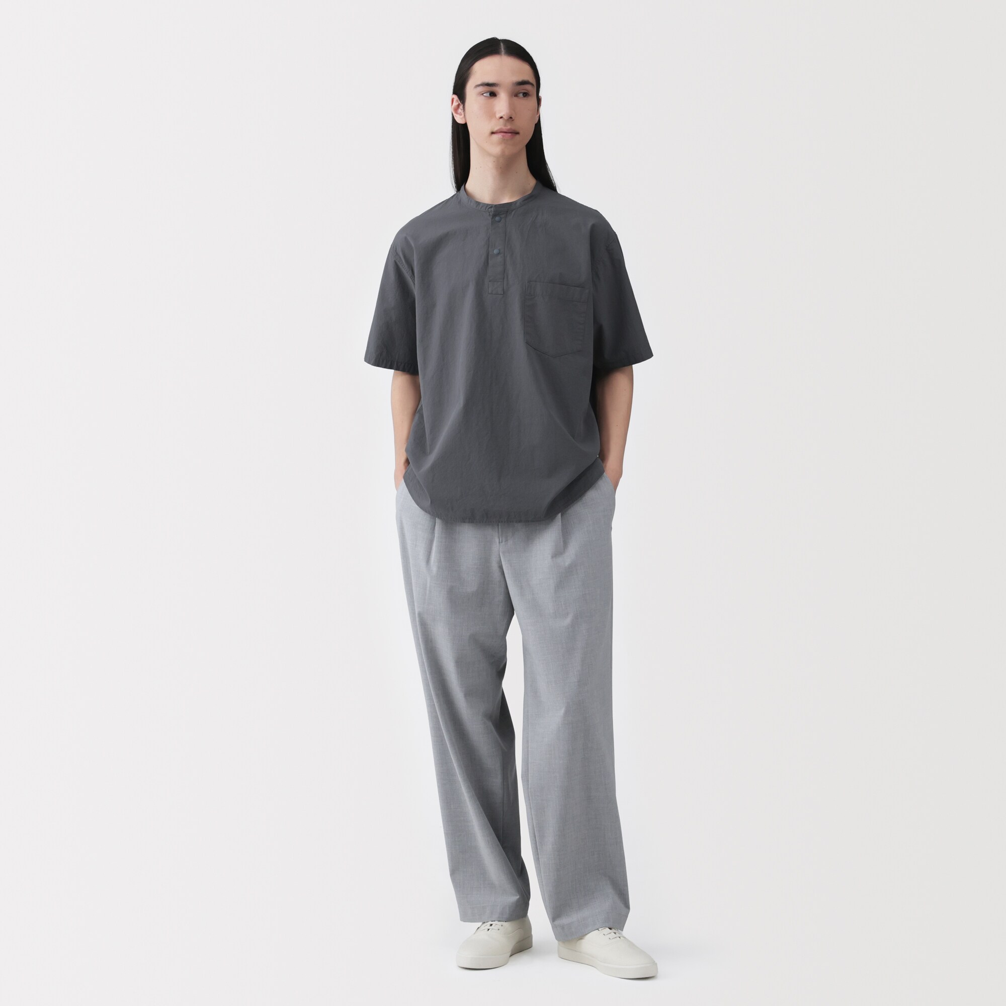 紳士　涼感ヘンリーネック半袖布帛Ｔシャツ