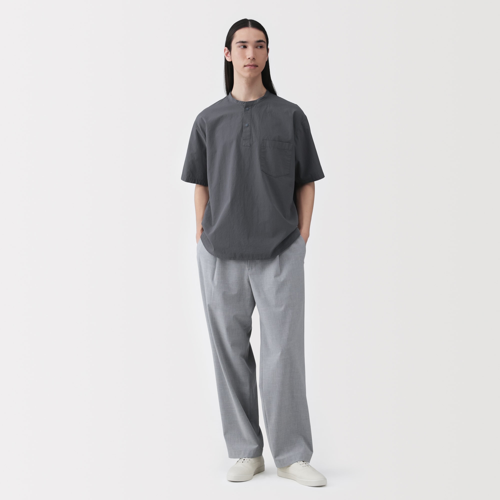 紳士　涼感ヘンリーネック半袖布帛Ｔシャツ