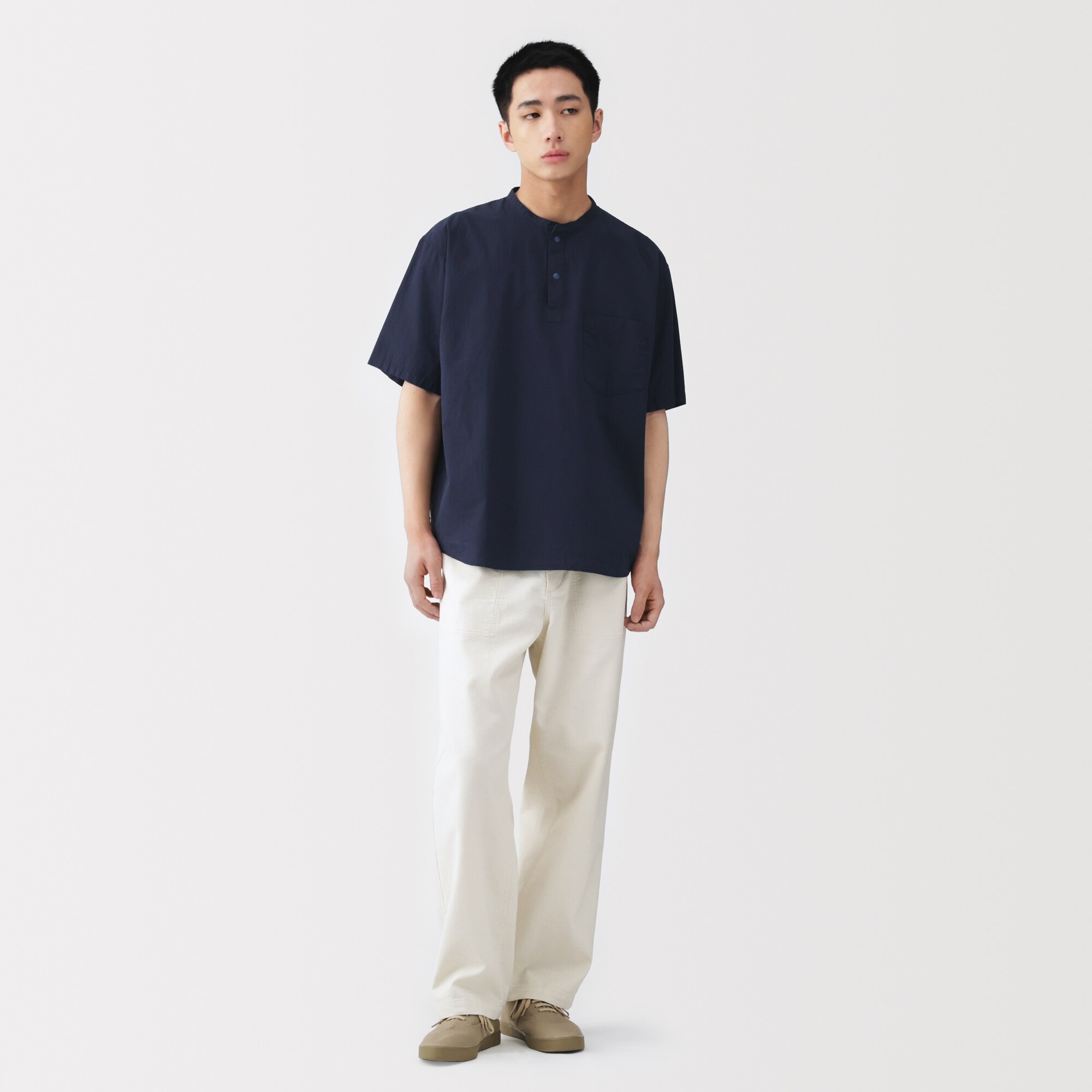 紳士　涼感ヘンリーネック半袖布帛Ｔシャツ