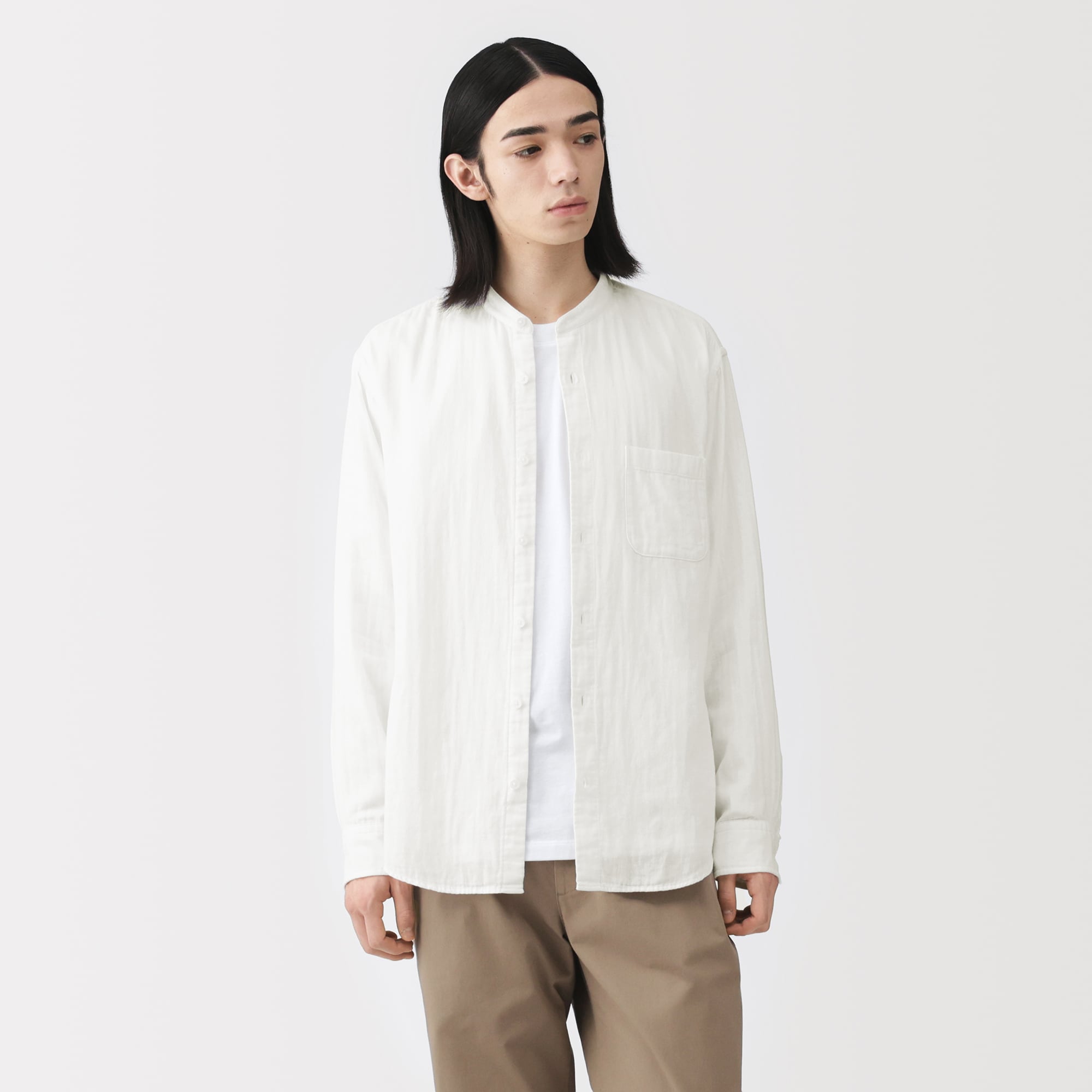 紳士 カポック混二重ガーゼスタンドカラー長袖シャツ（OS） | 無印良品