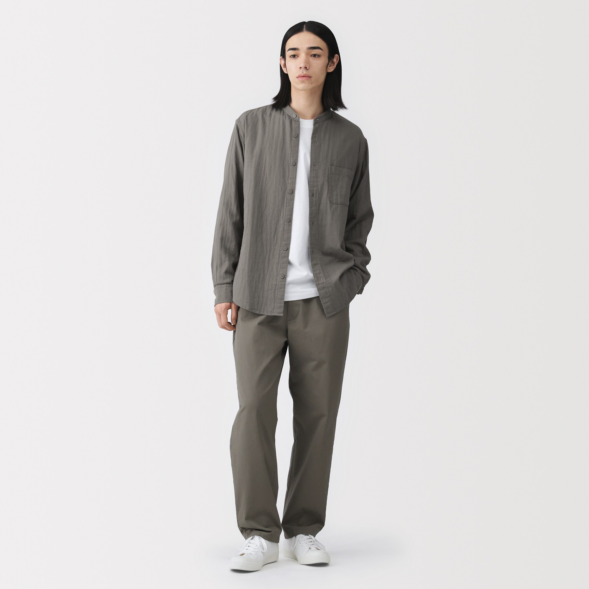 紳士 カポック混二重ガーゼスタンドカラー長袖シャツ（OS） | 無印良品