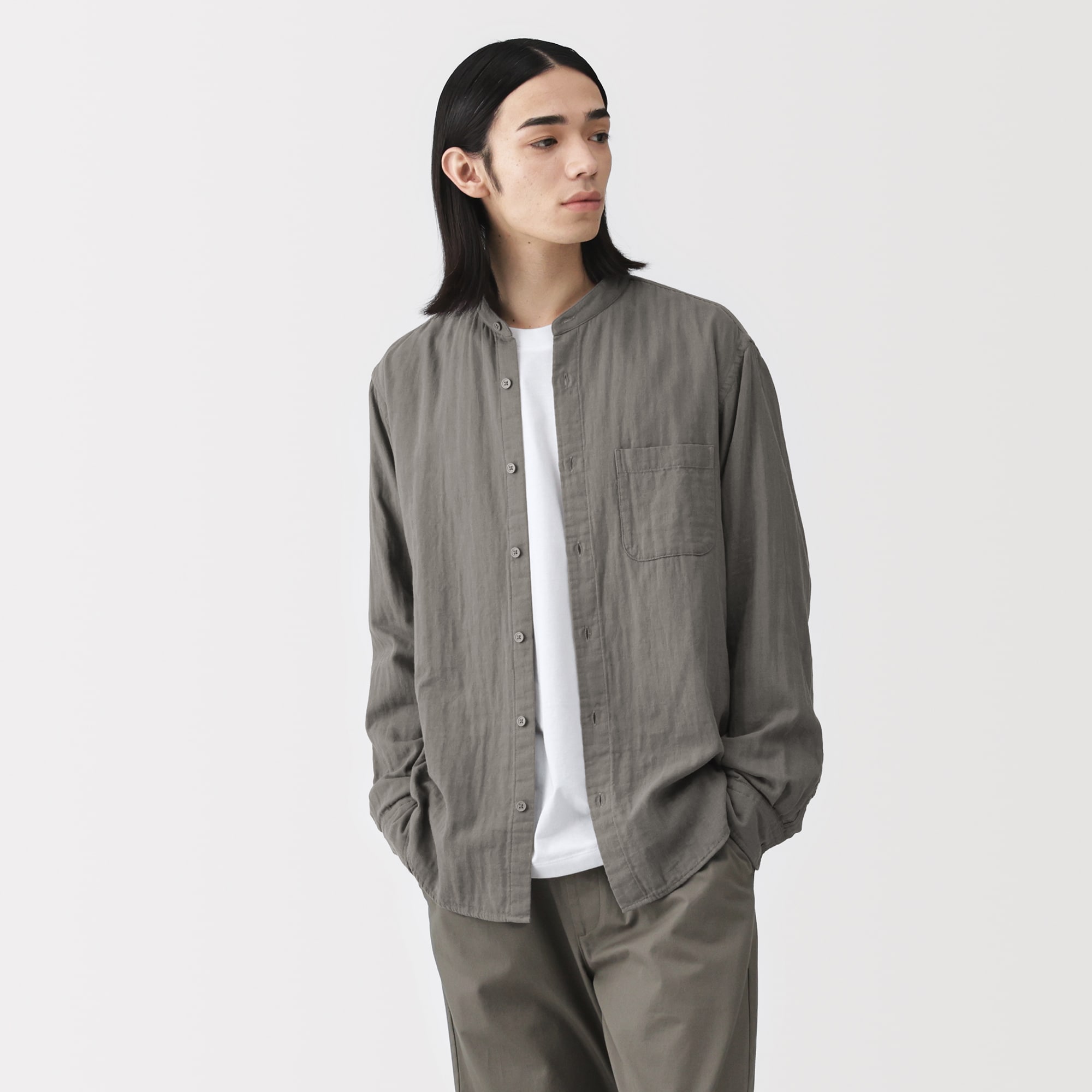 紳士 カポック混二重ガーゼスタンドカラー長袖シャツ（OS） | 無印良品
