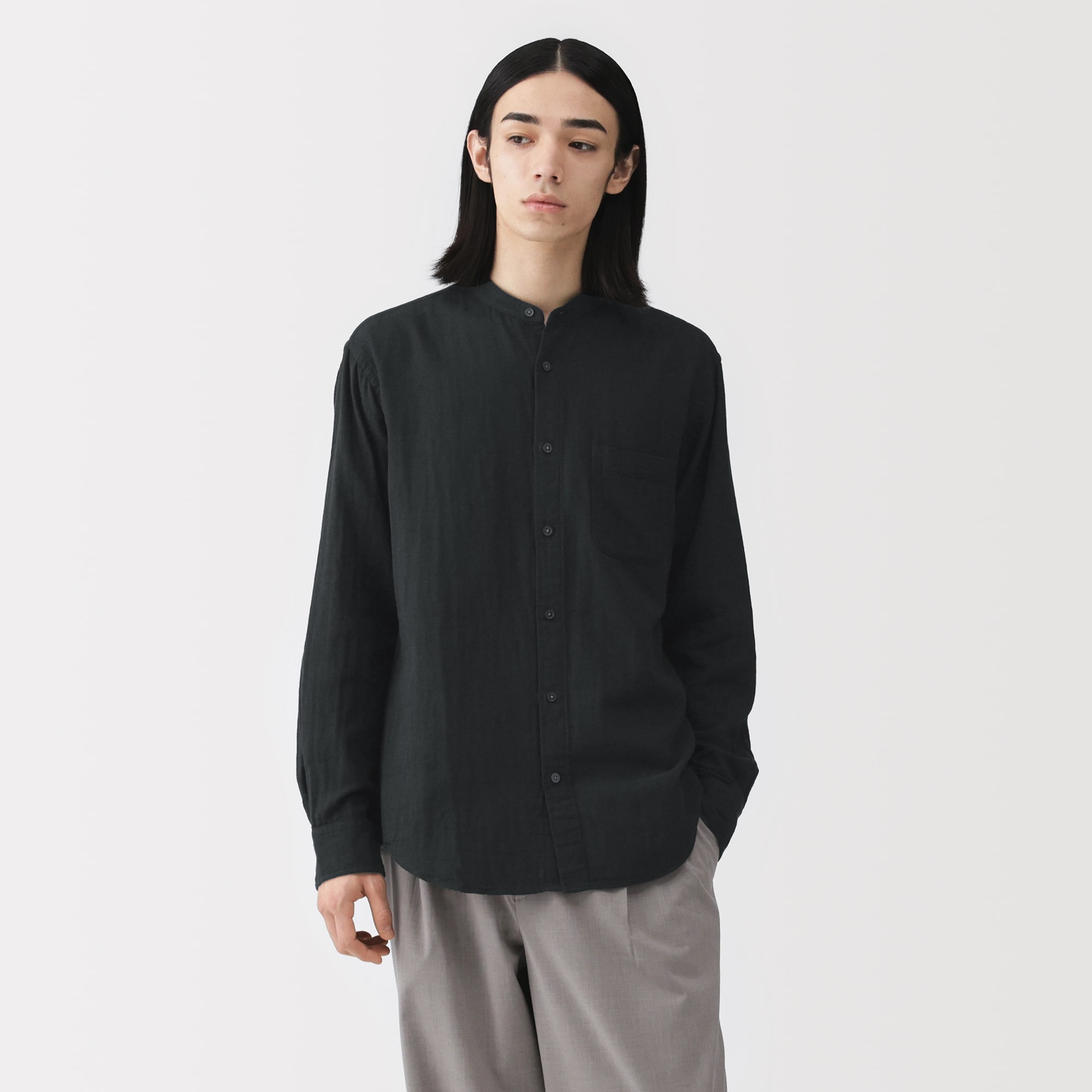 紳士　カポック混二重ガーゼスタンドカラー長袖シャツ（ＯＳ）