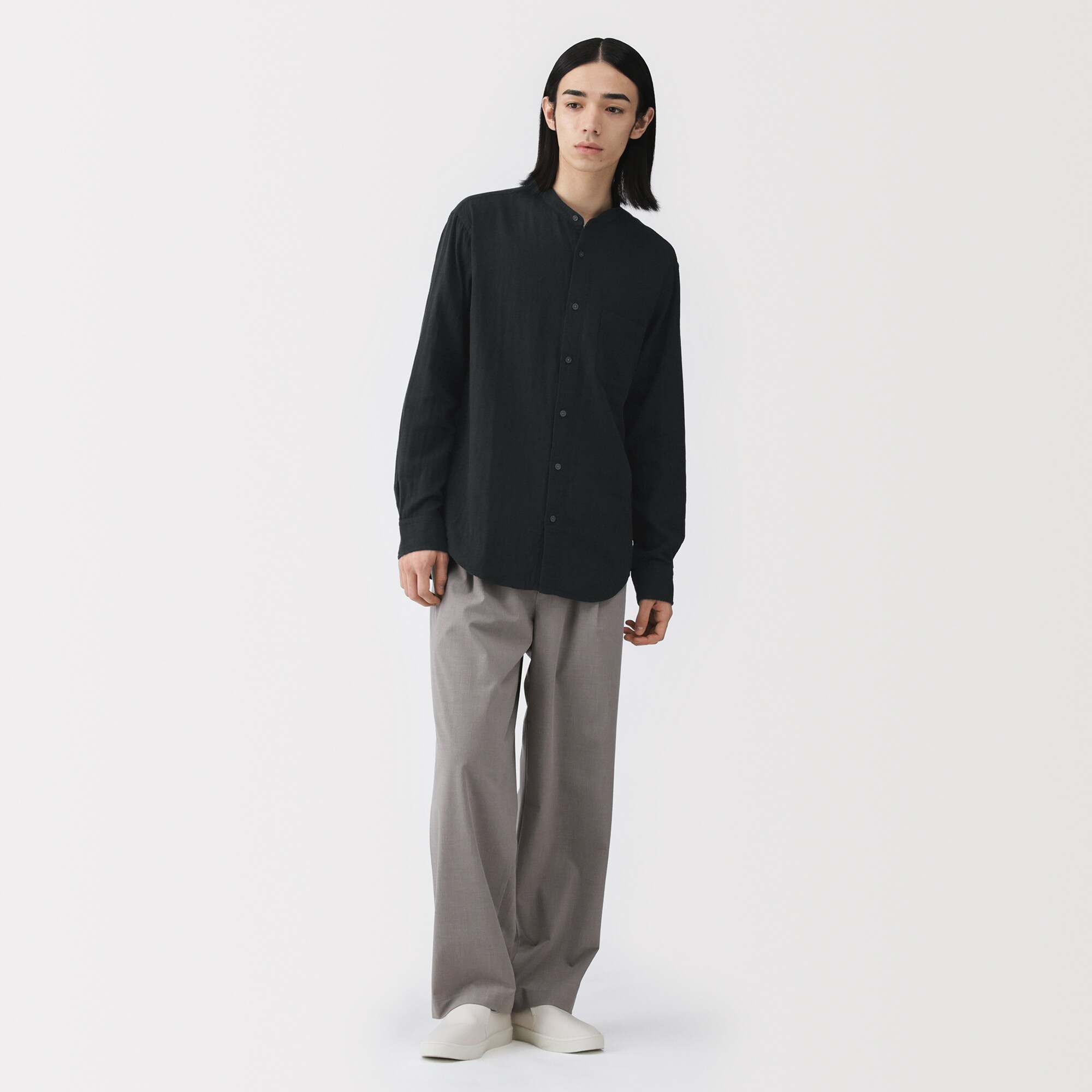 紳士　カポック混二重ガーゼスタンドカラー長袖シャツ（ＯＳ）