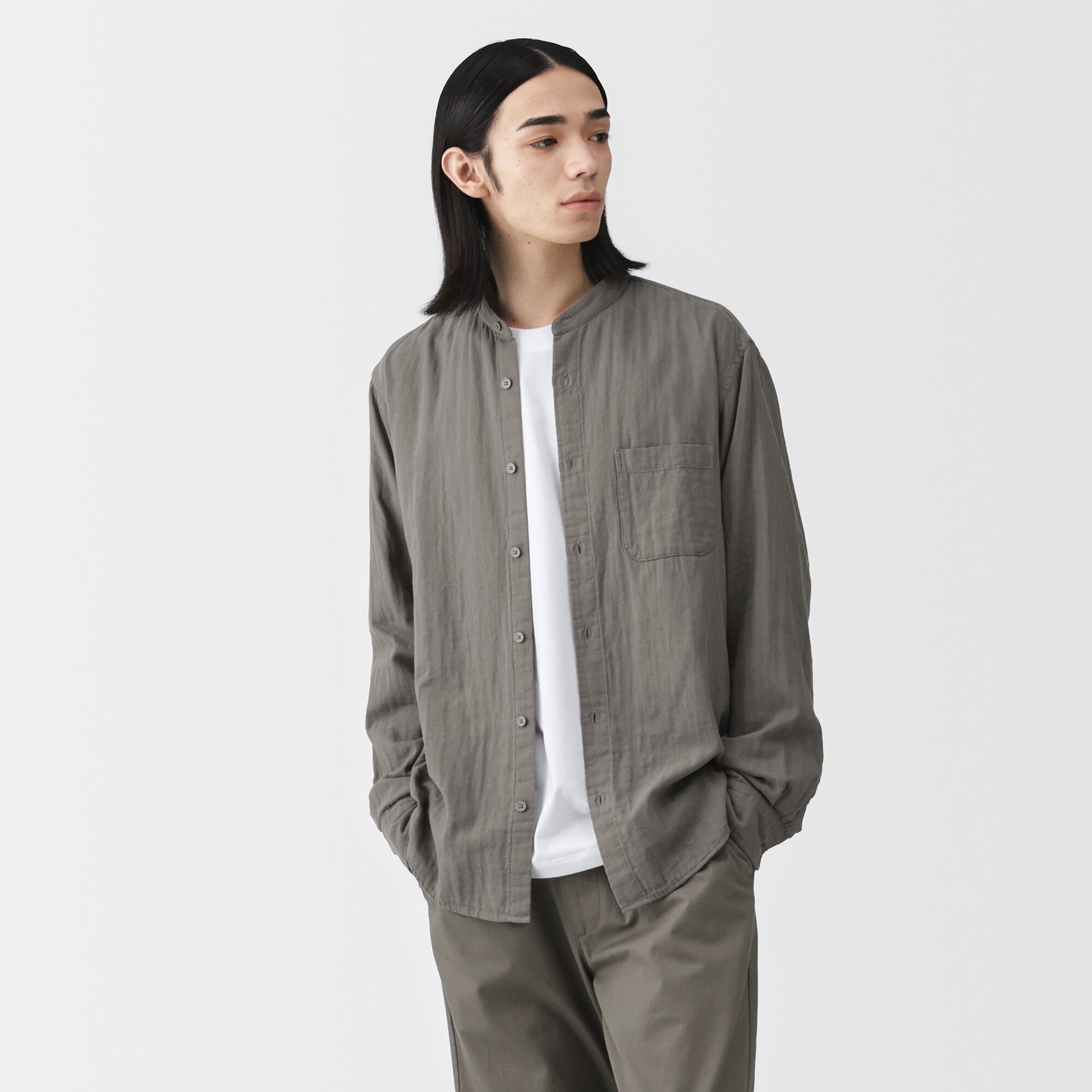 紳士　カポック混二重ガーゼスタンドカラー長袖シャツ（ＯＳ）