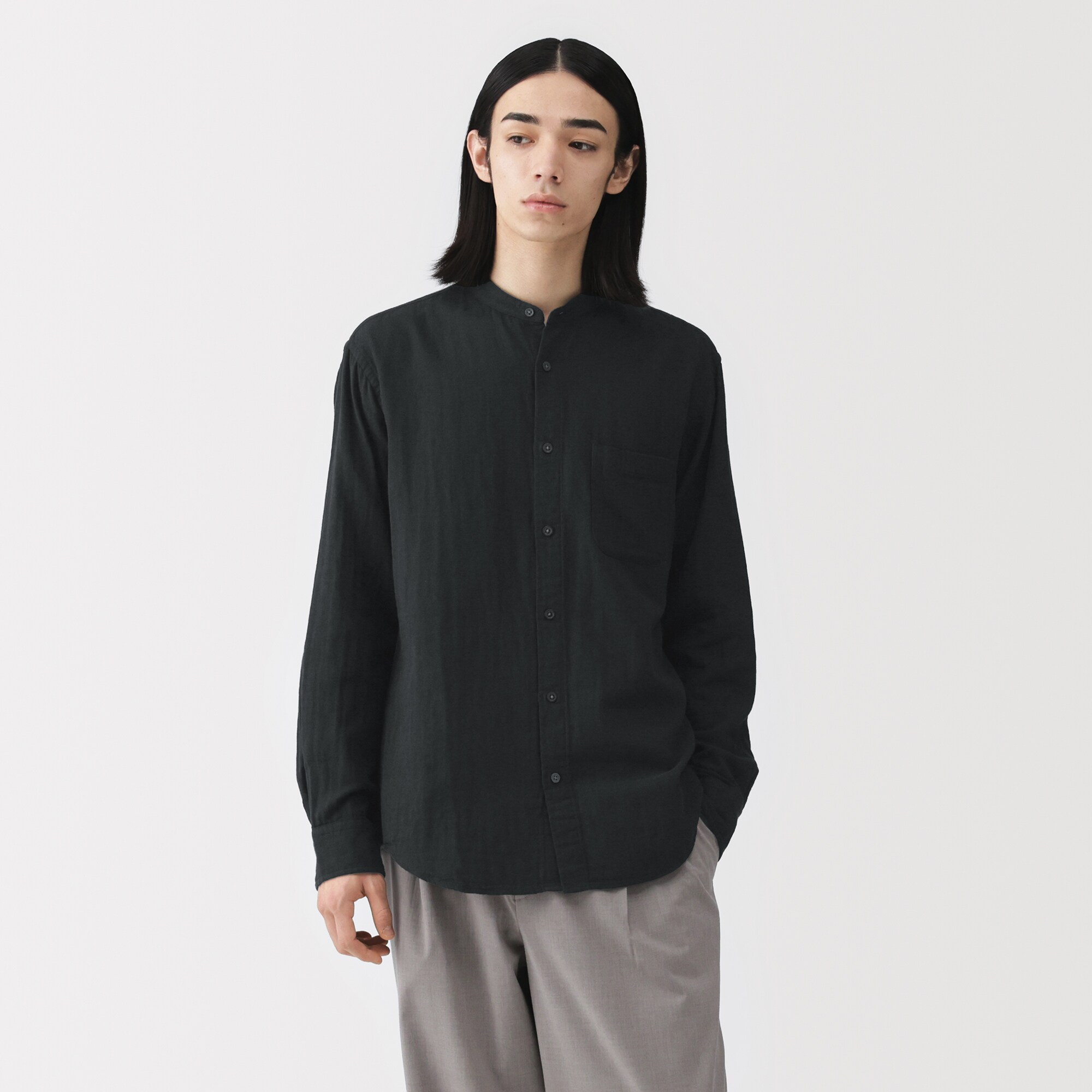 紳士　カポック混二重ガーゼスタンドカラー長袖シャツ（ＯＳ）