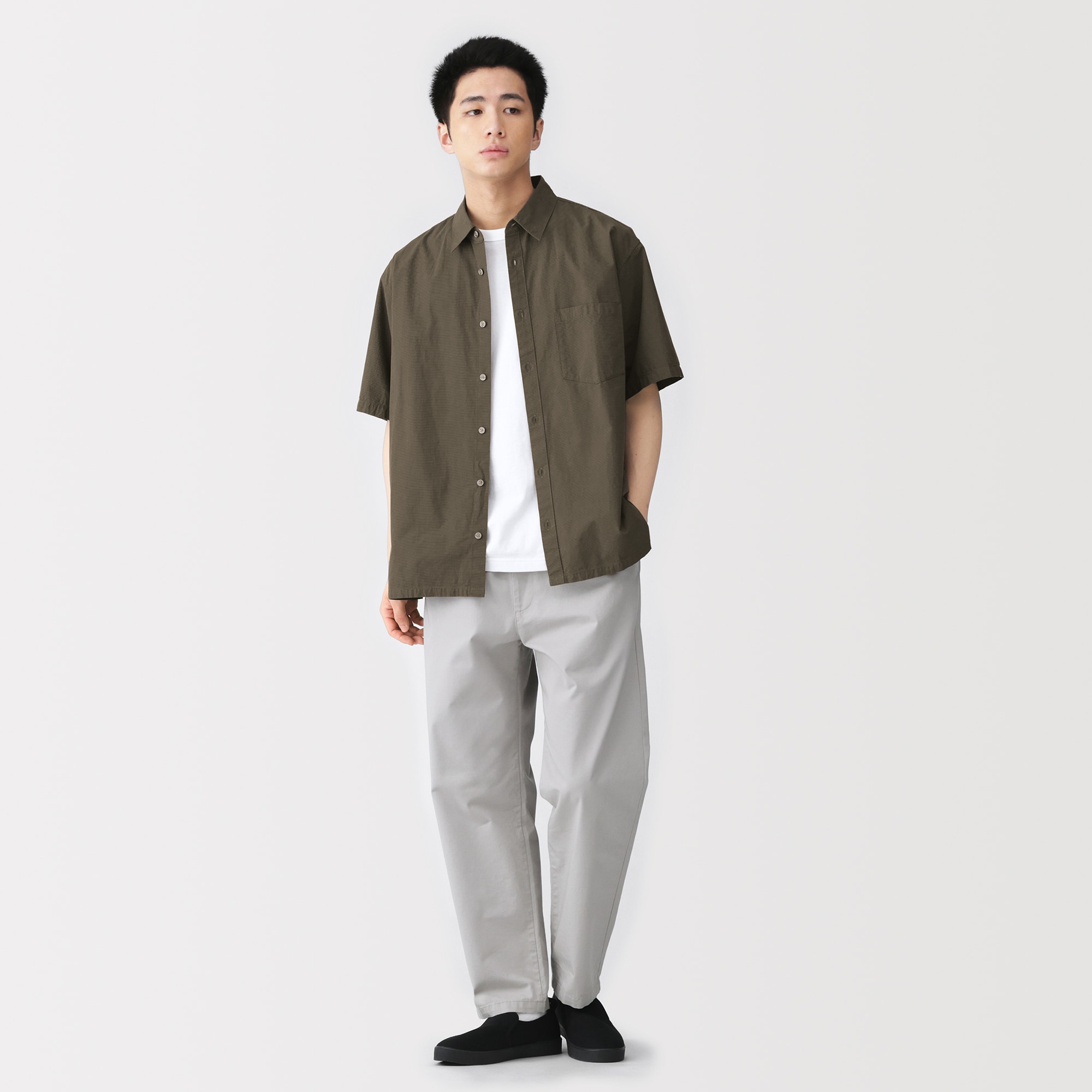紳士　涼感半袖布帛シャツ