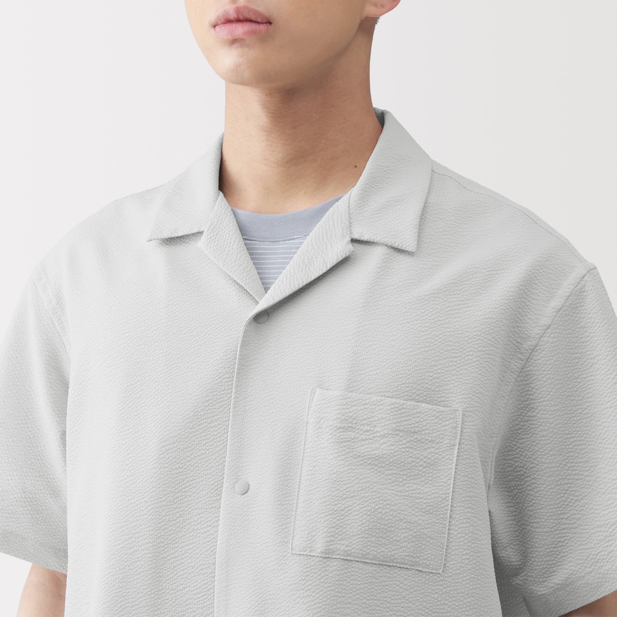 紳士　風を通すストレッチサッカーオープンカラー半袖シャツ