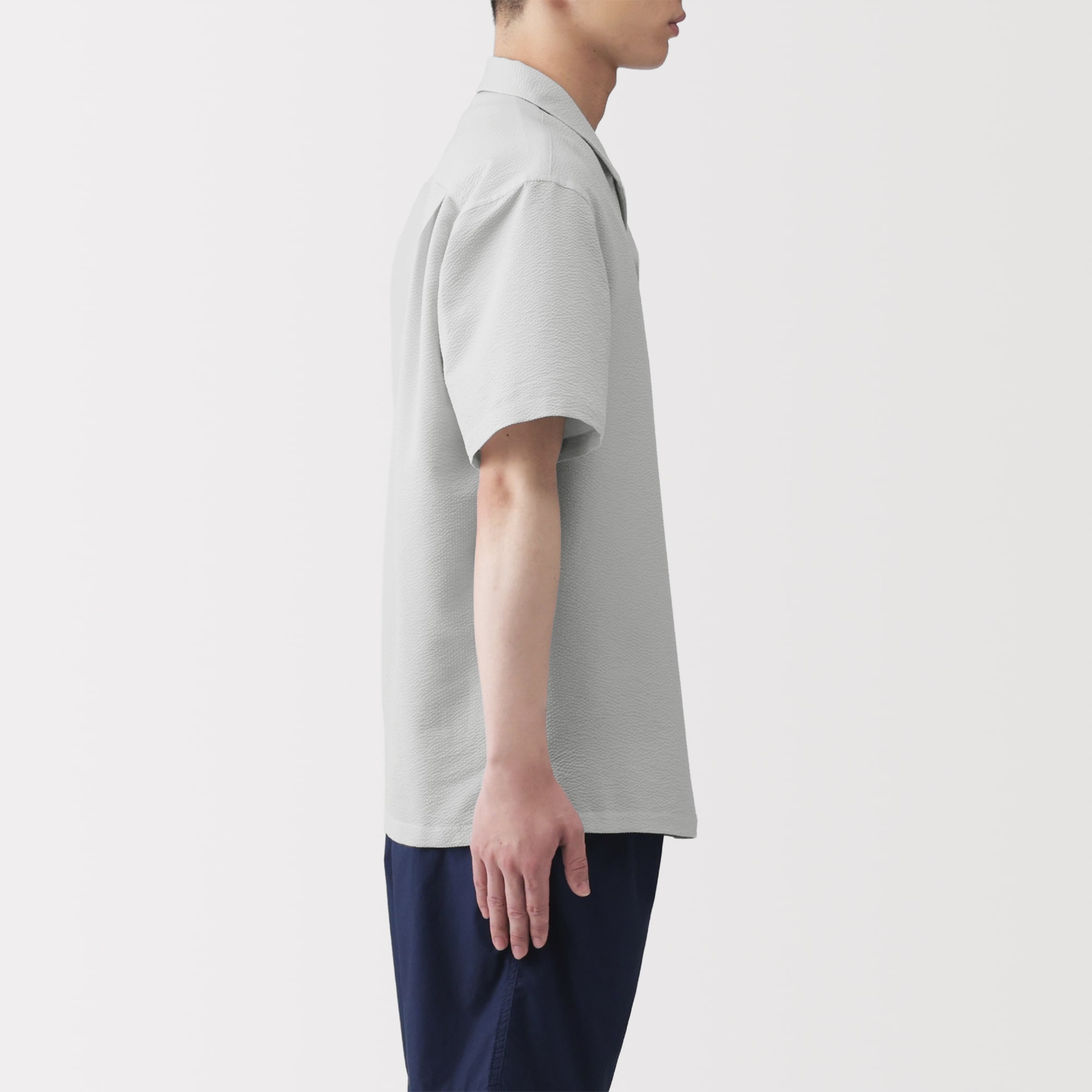 紳士　風を通すストレッチサッカーオープンカラー半袖シャツ