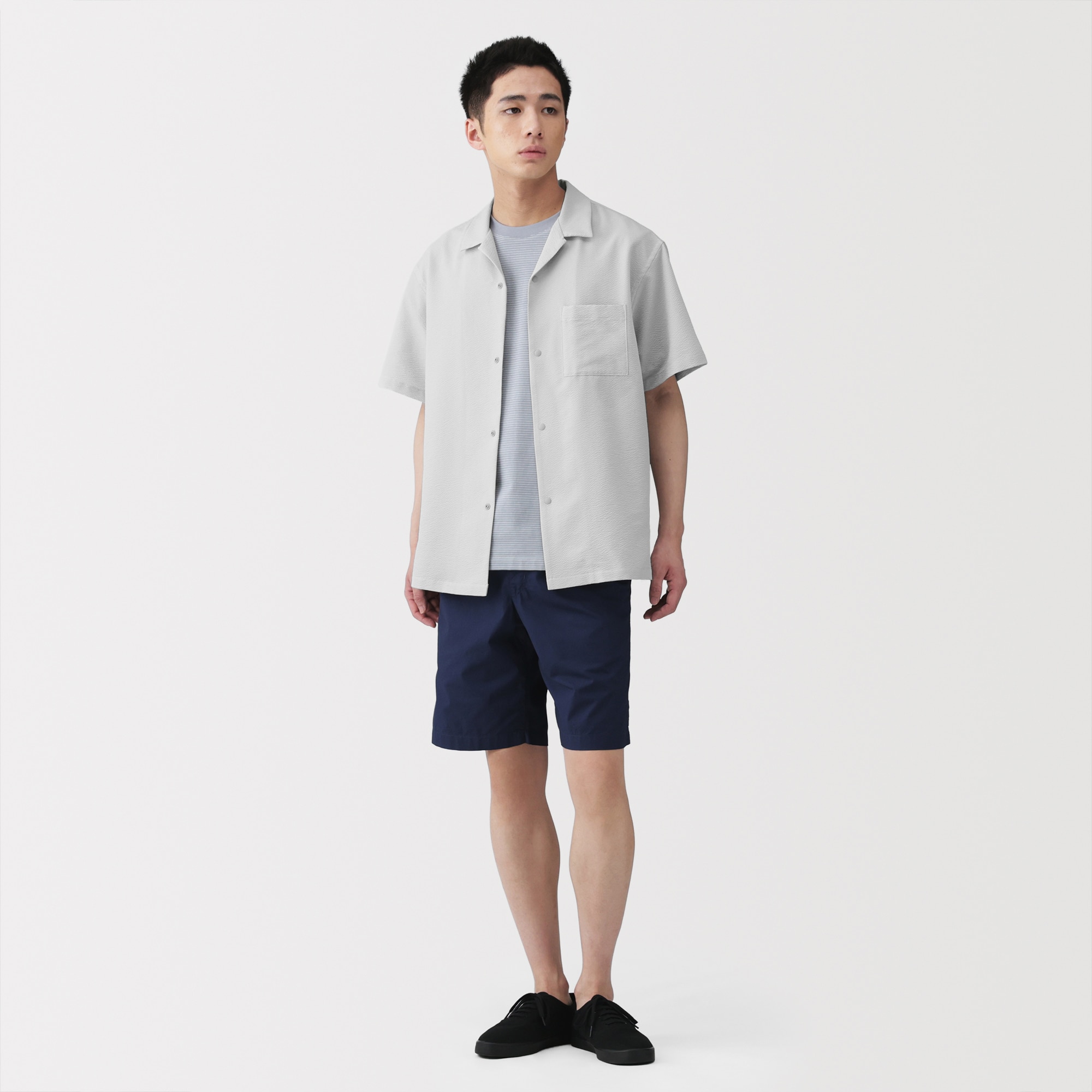 紳士　風を通すストレッチサッカーオープンカラー半袖シャツ