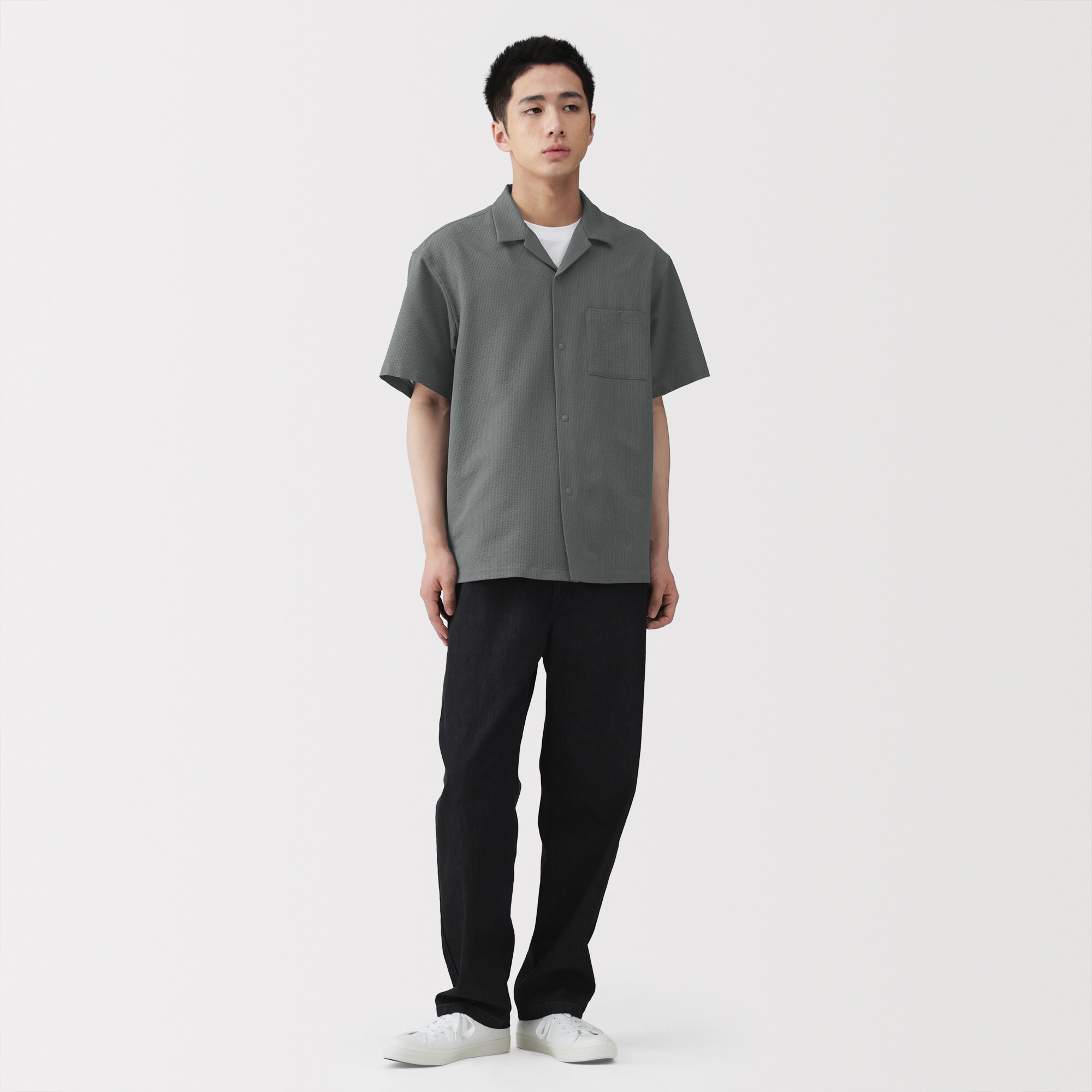 紳士　風を通すストレッチサッカーオープンカラー半袖シャツ