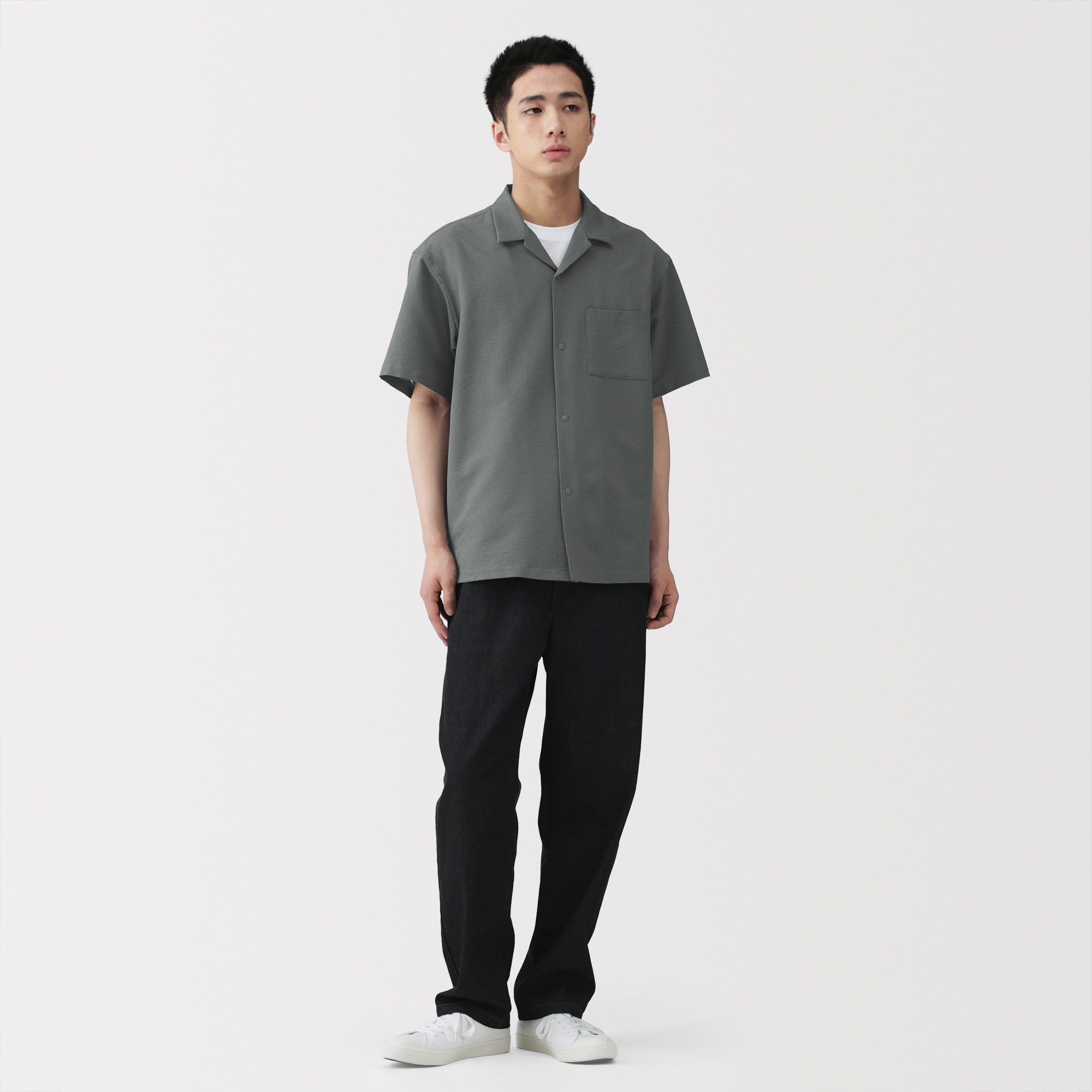 紳士　風を通すストレッチサッカーオープンカラー半袖シャツ