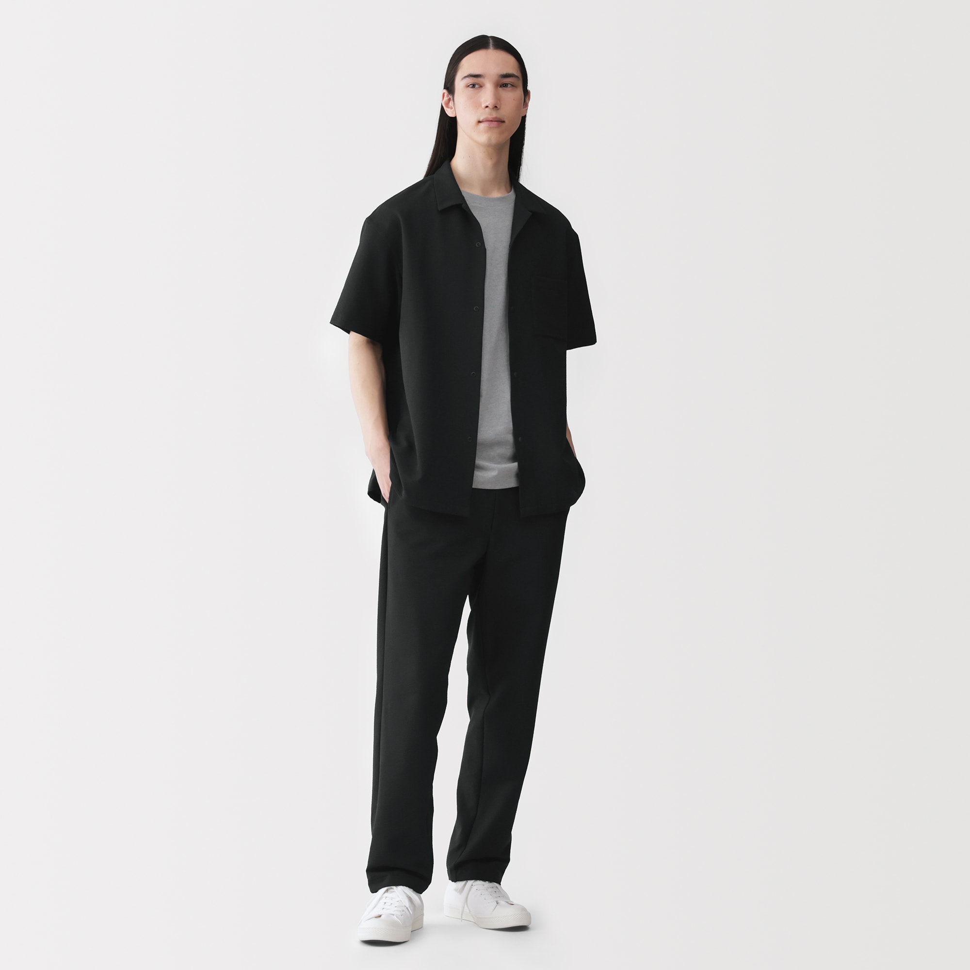 紳士　風を通すストレッチサッカーオープンカラー半袖シャツ