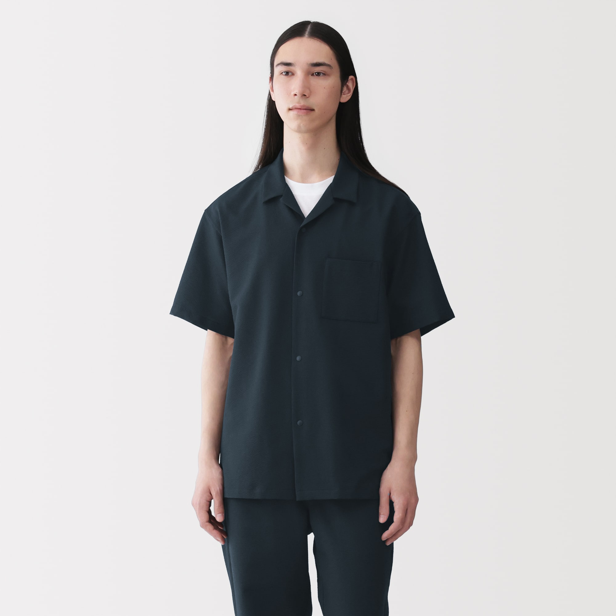 紳士　風を通すストレッチサッカーオープンカラー半袖シャツ