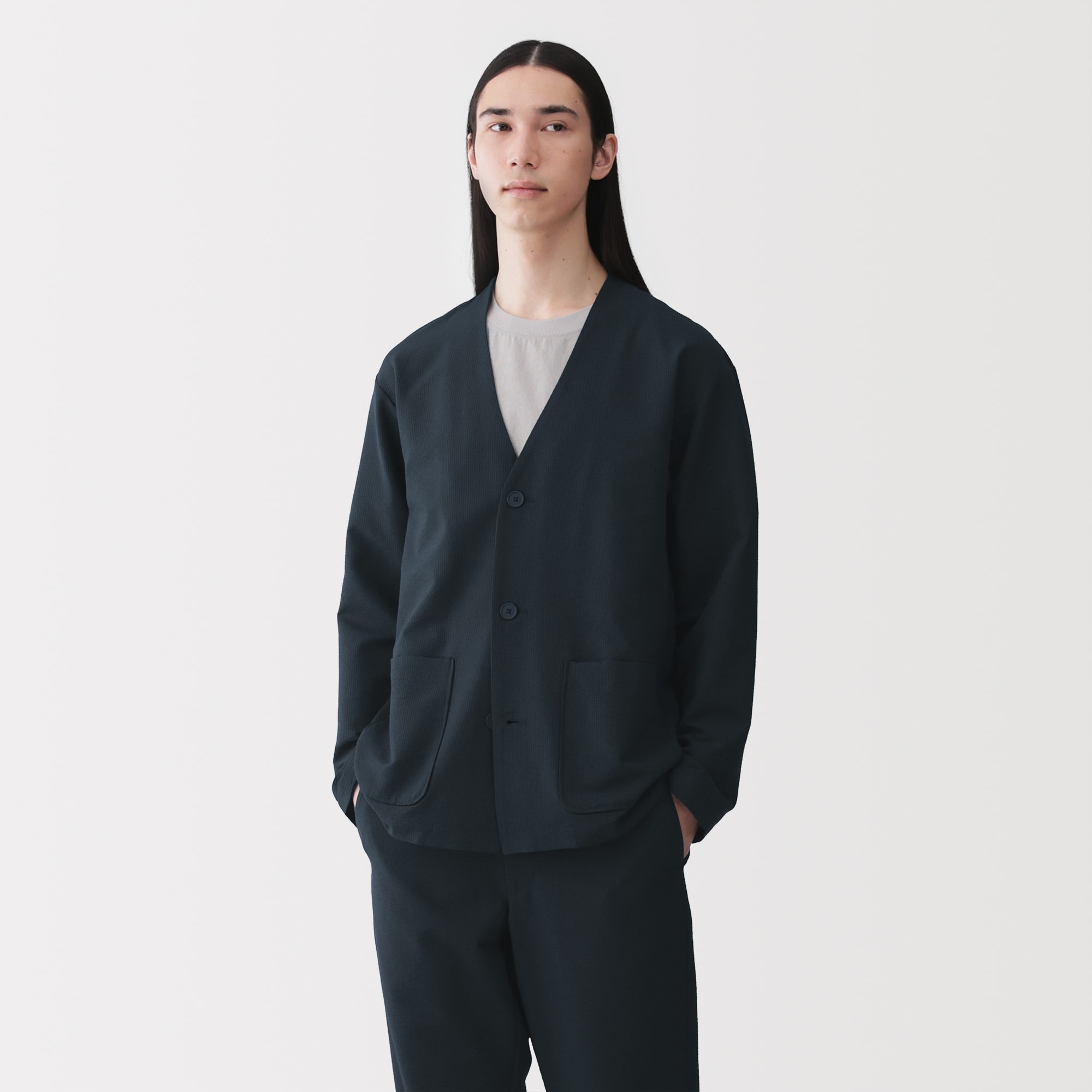 紳士　風を通すストレッチサッカーカーディガン