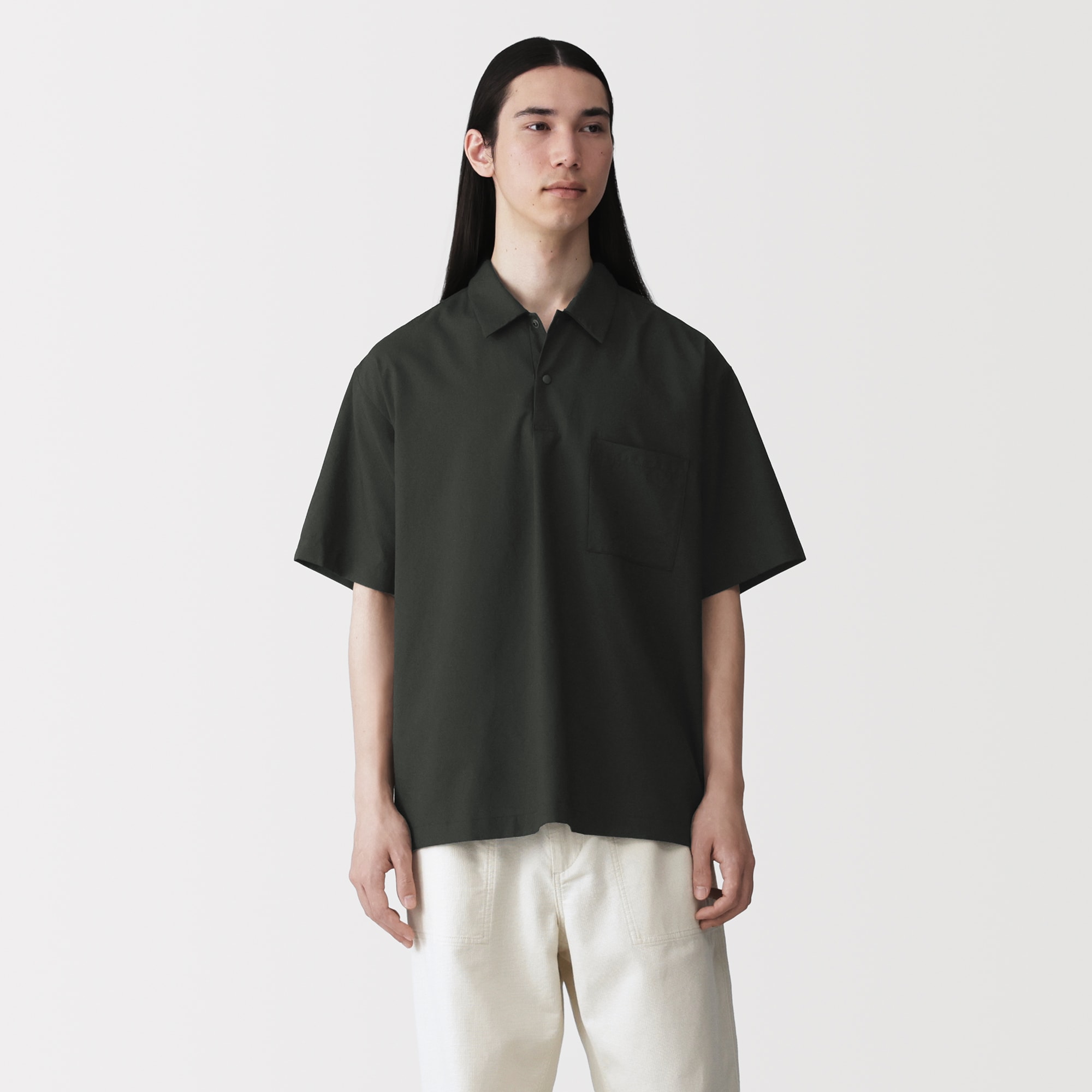 紳士　風を通す半袖布帛ポロシャツ