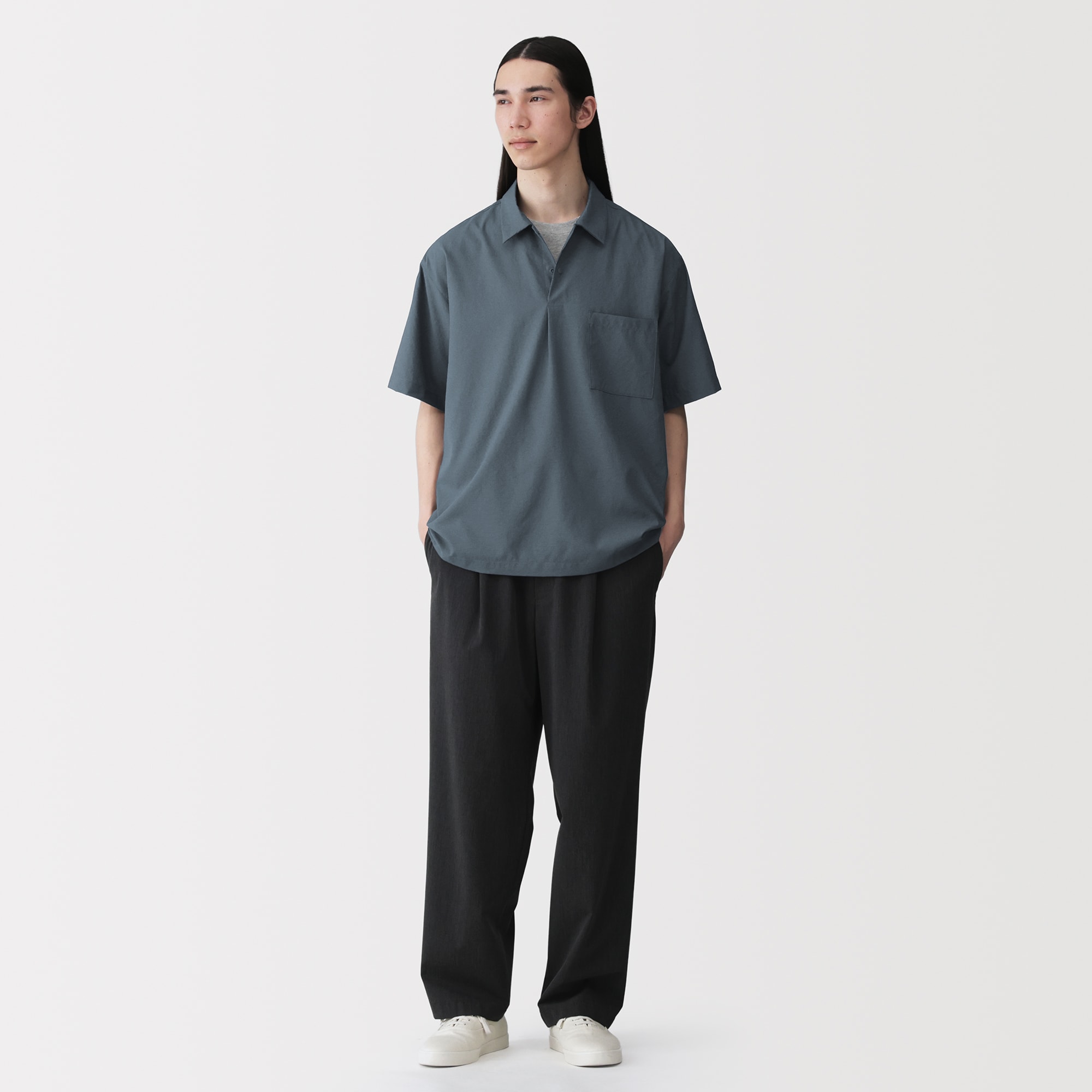 紳士　風を通す半袖布帛ポロシャツ