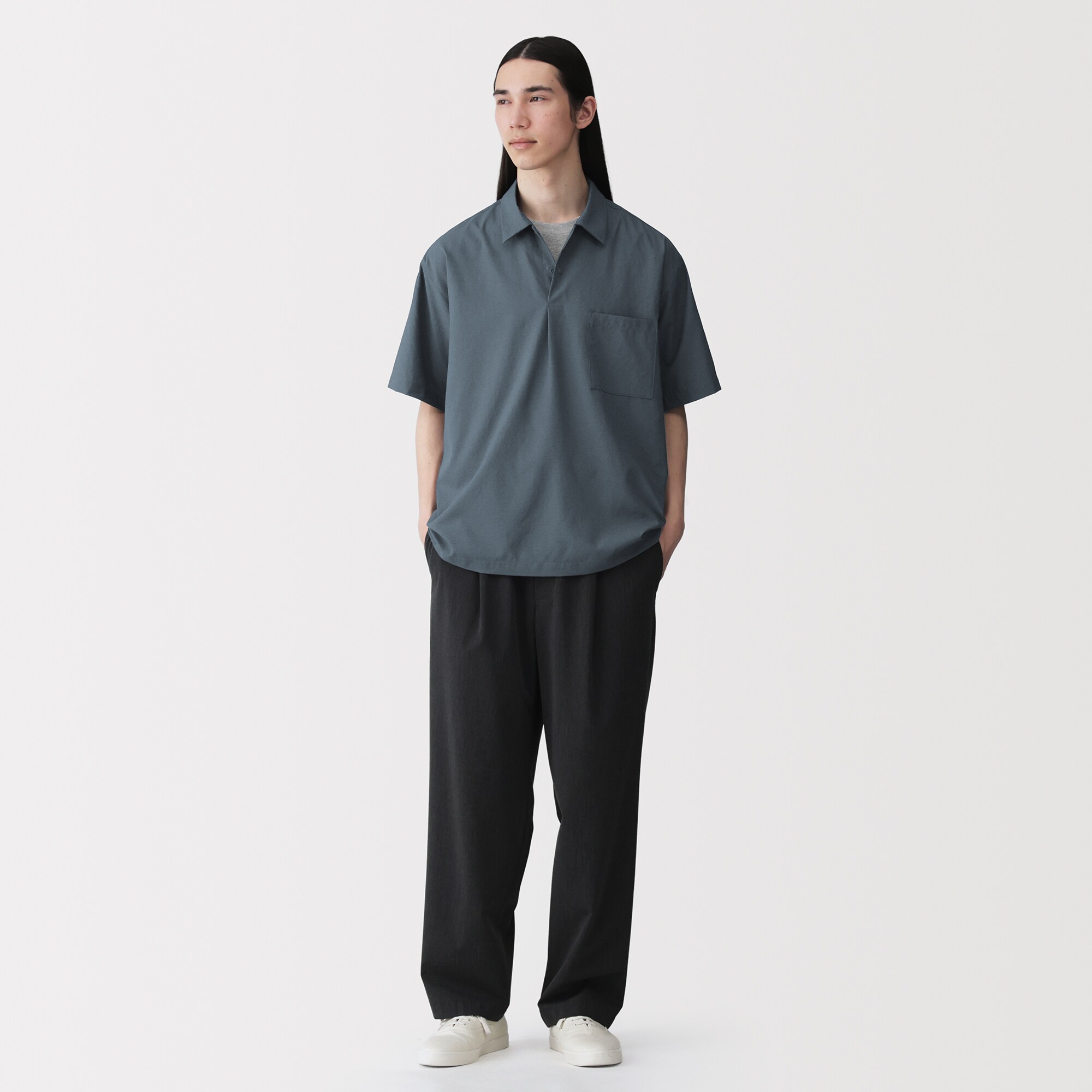 紳士　風を通す半袖布帛ポロシャツ