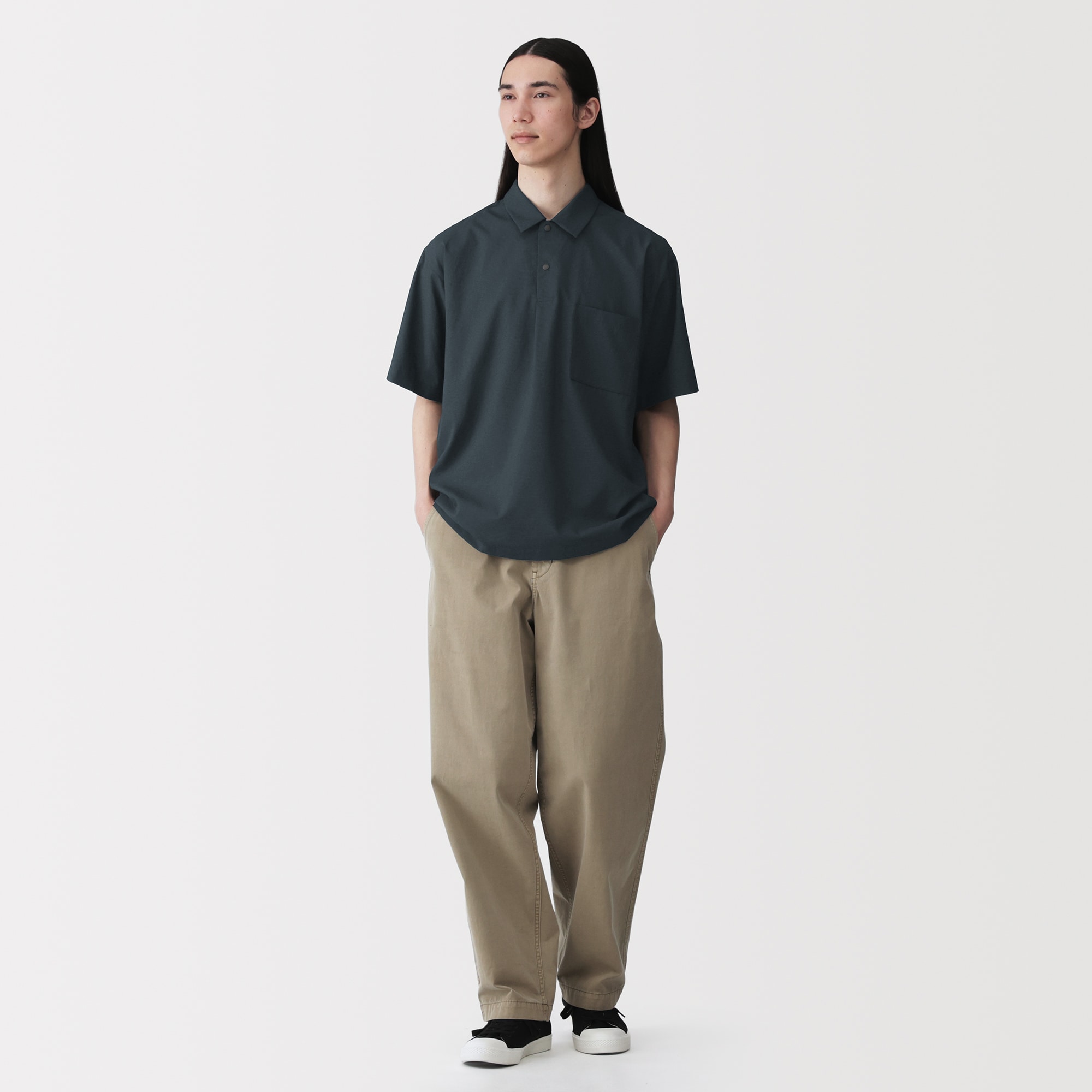 紳士　風を通す半袖布帛ポロシャツ