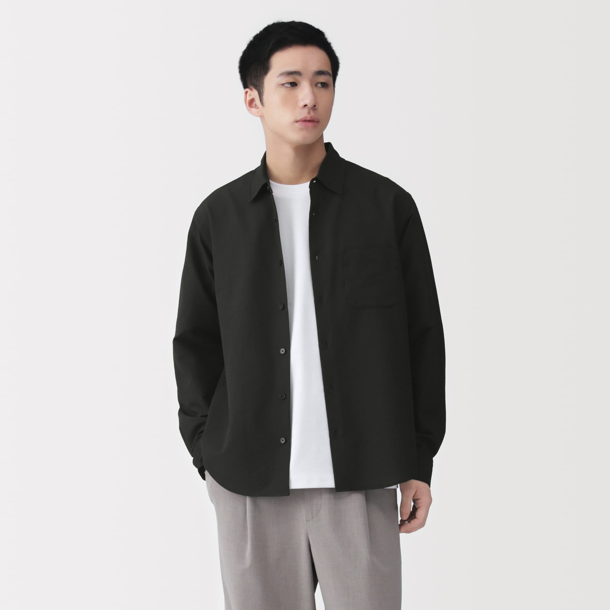 紳士　風を通すストレッチサッカー長袖シャツ