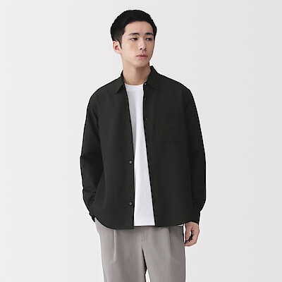 紳士　風を通すストレッチサッカー長袖シャツ