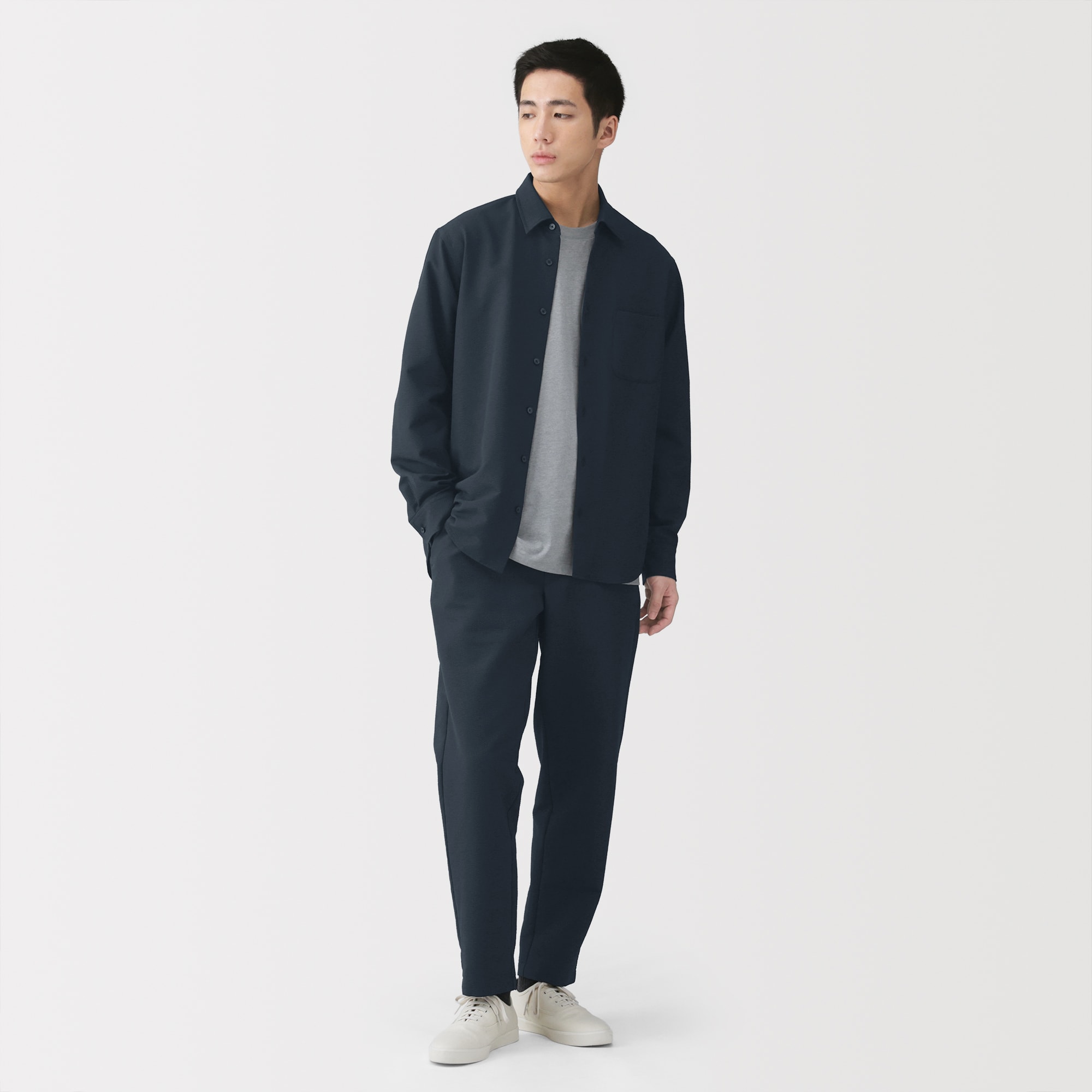 紳士　風を通すストレッチサッカー長袖シャツ