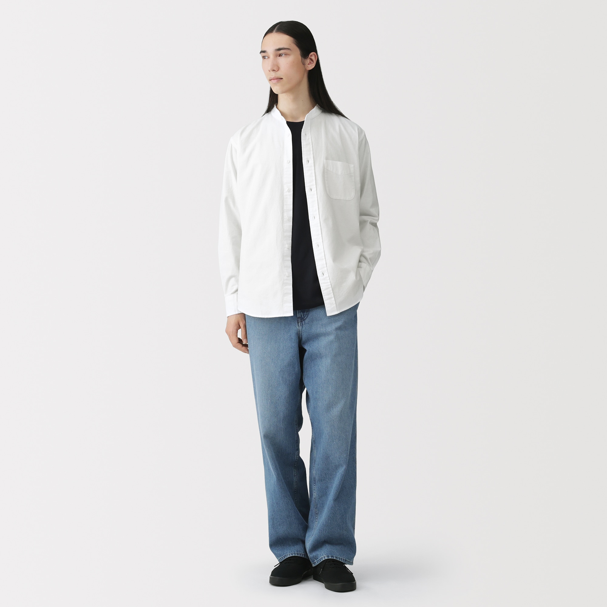 紳士　洗いざらしオックススタンドカラー長袖シャツ