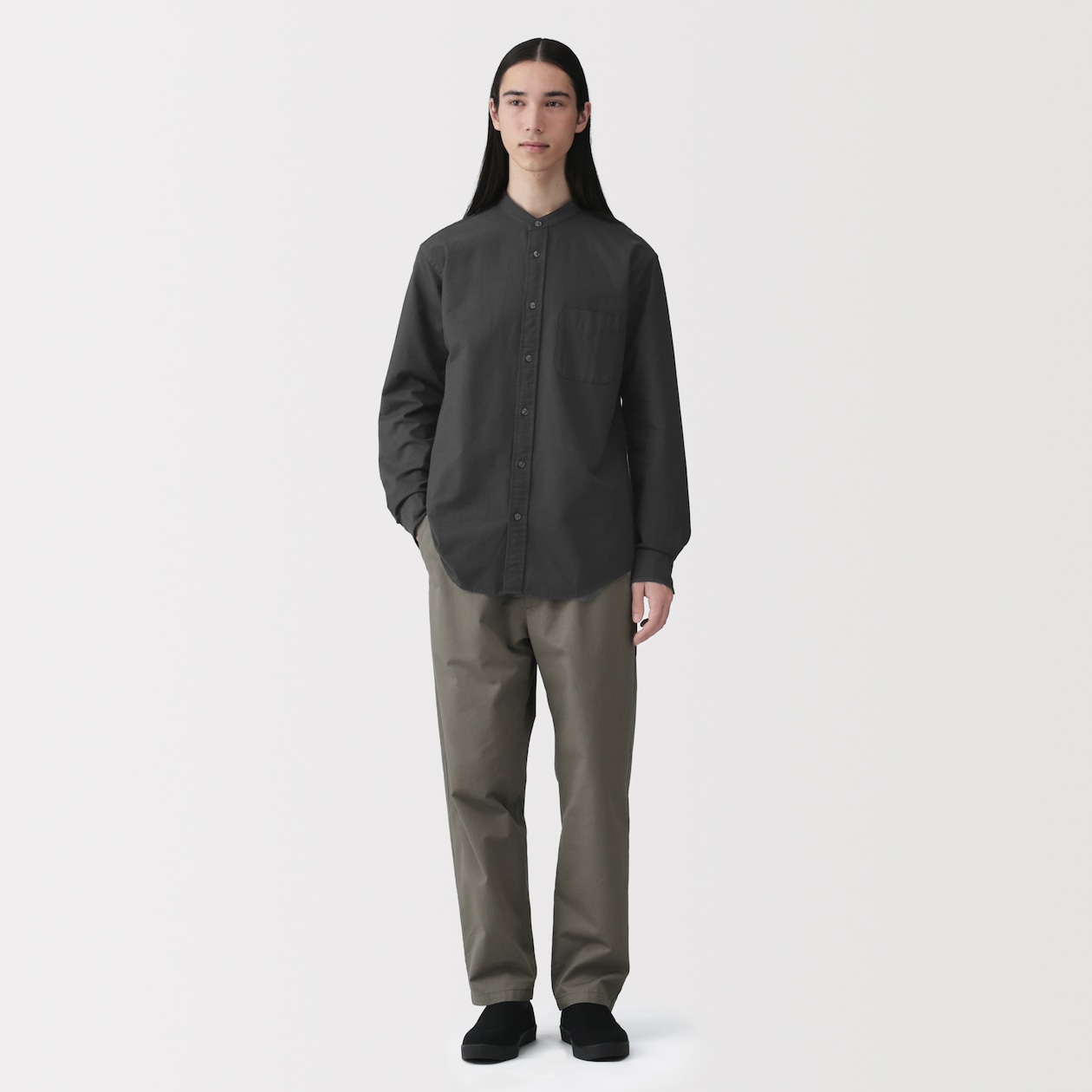 紳士　洗いざらしオックススタンドカラー長袖シャツ