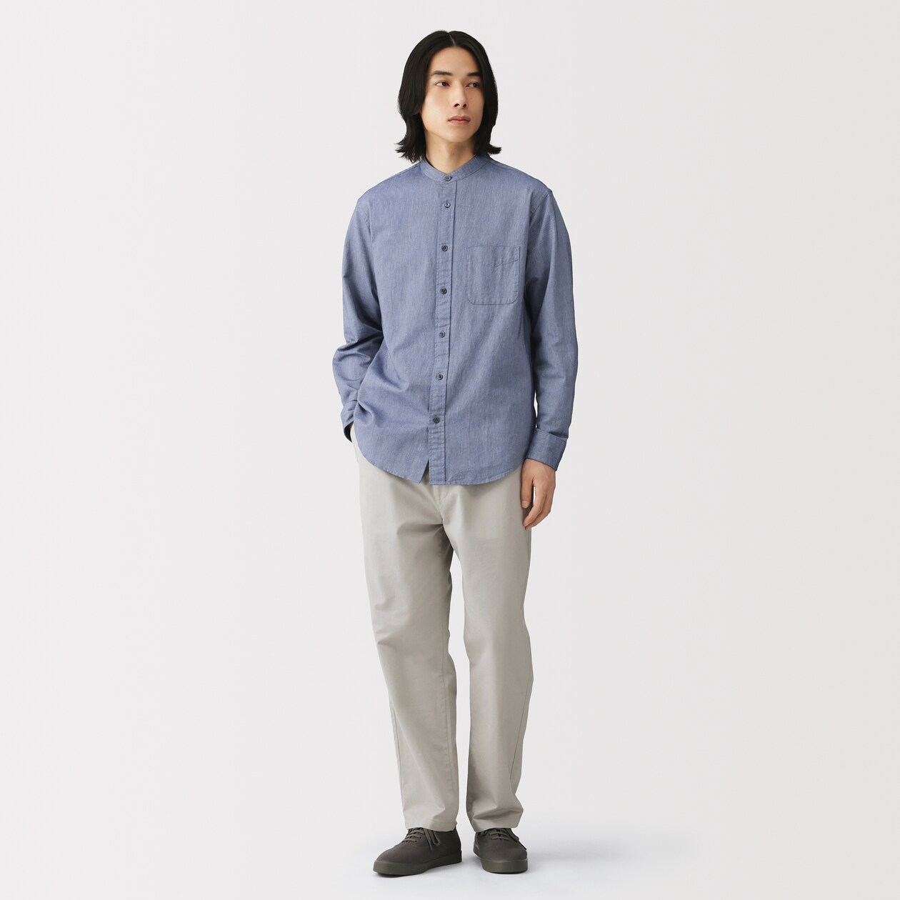 紳士　洗いざらしオックススタンドカラー長袖シャツ