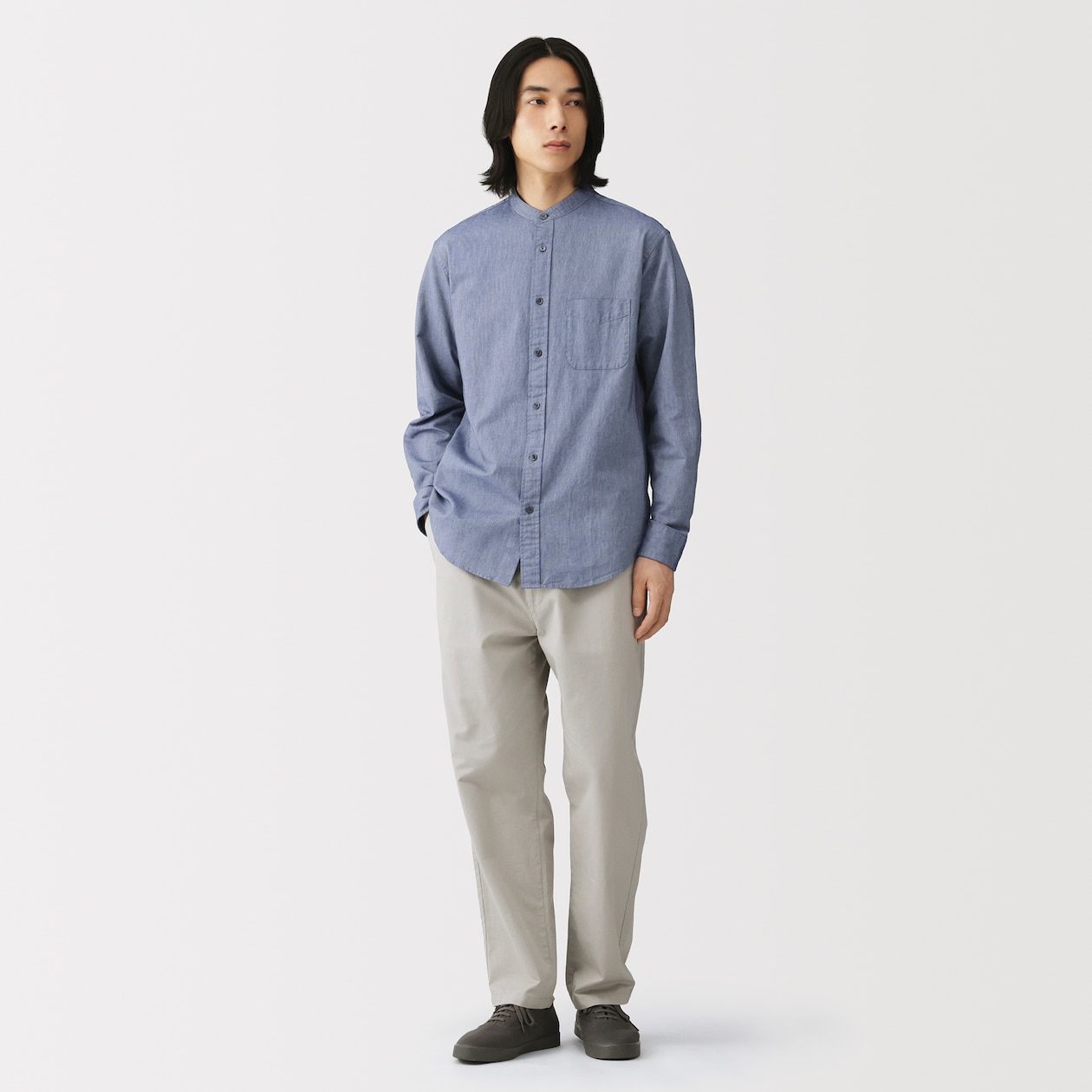 紳士　洗いざらしオックススタンドカラー長袖シャツ