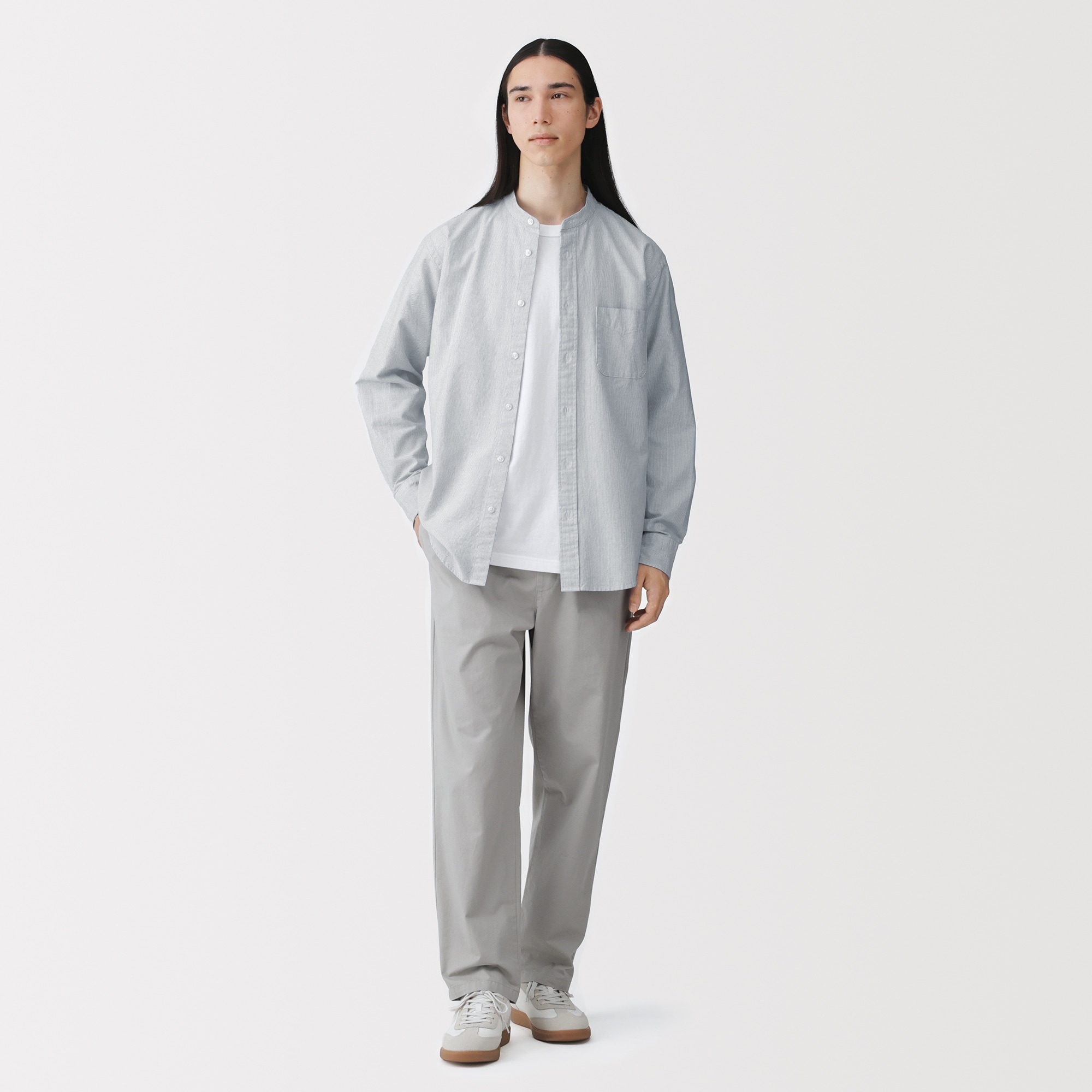 紳士　洗いざらしオックススタンドカラー長袖シャツ