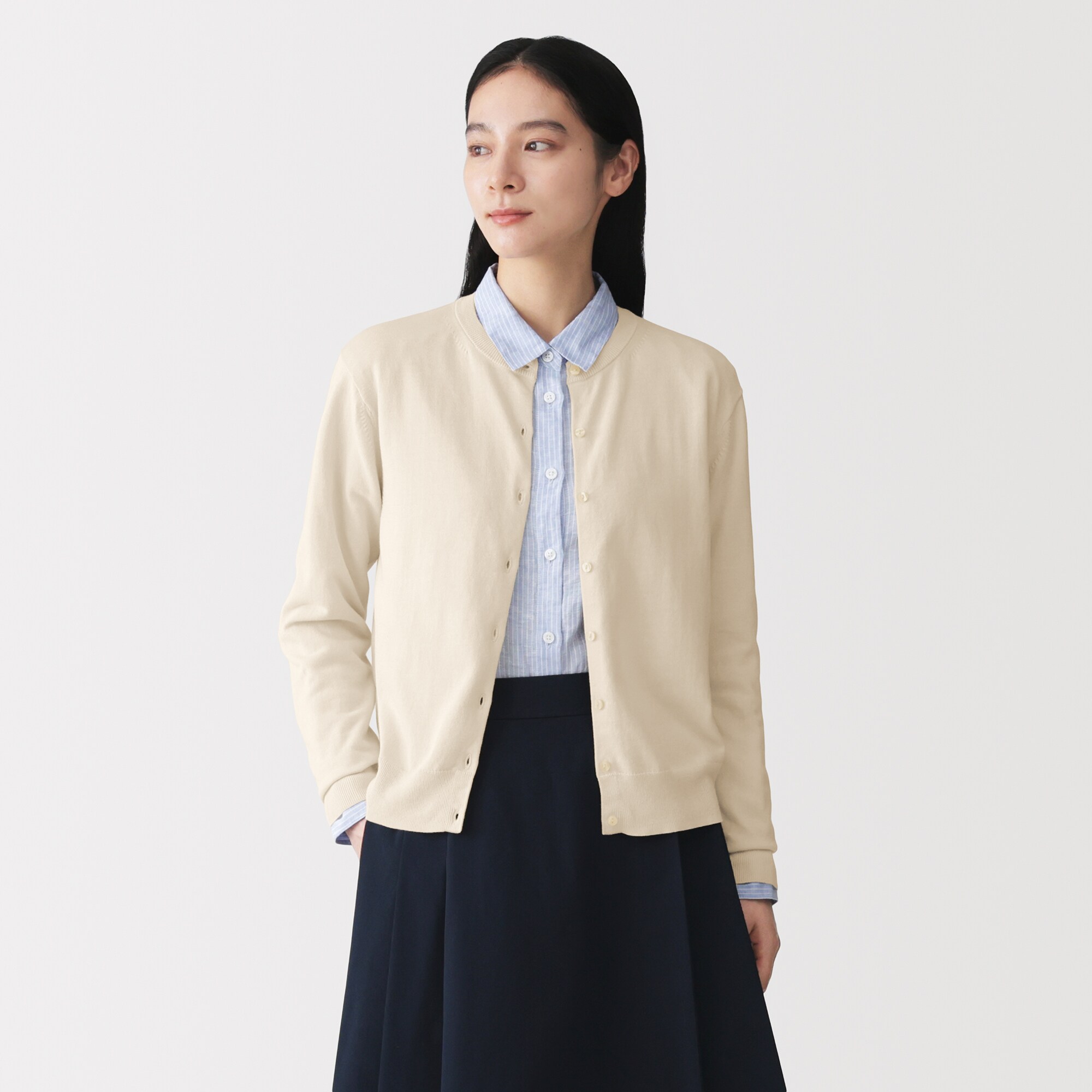 婦人　ＵＶカット強撚コットンクルーネックカーディガン