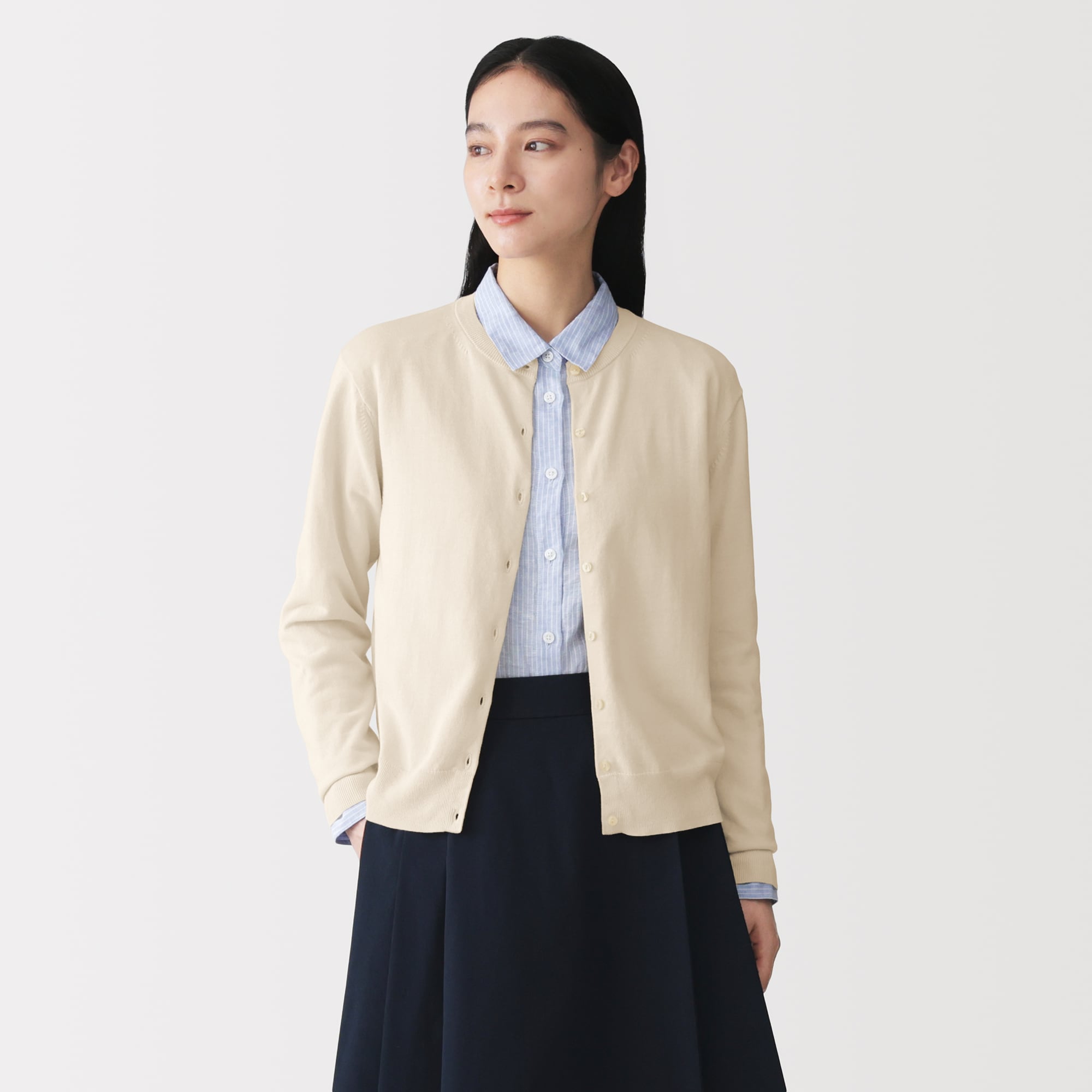 婦人　ＵＶカット強撚コットンクルーネックカーディガン