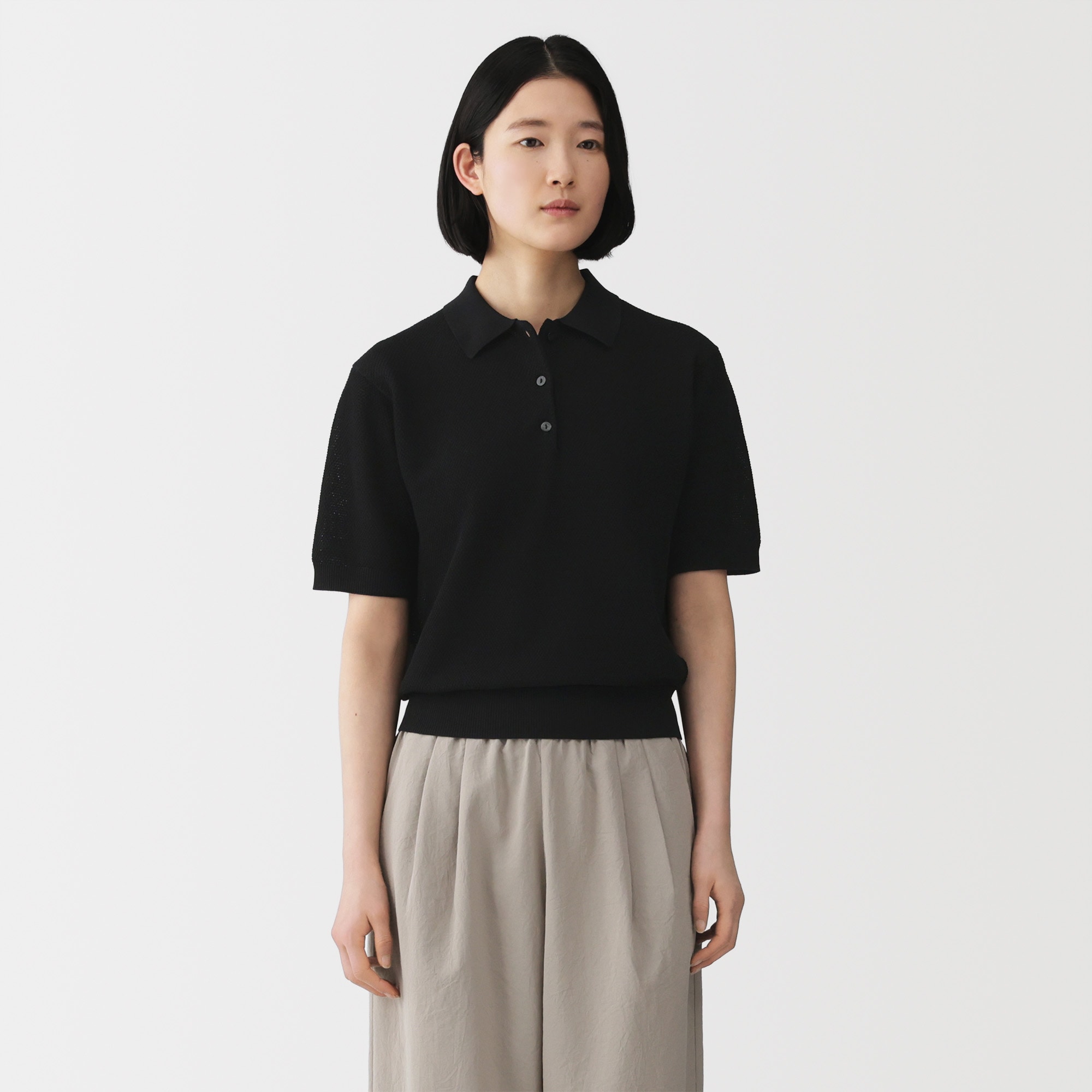 婦人　強撚透かし編みポロセーター