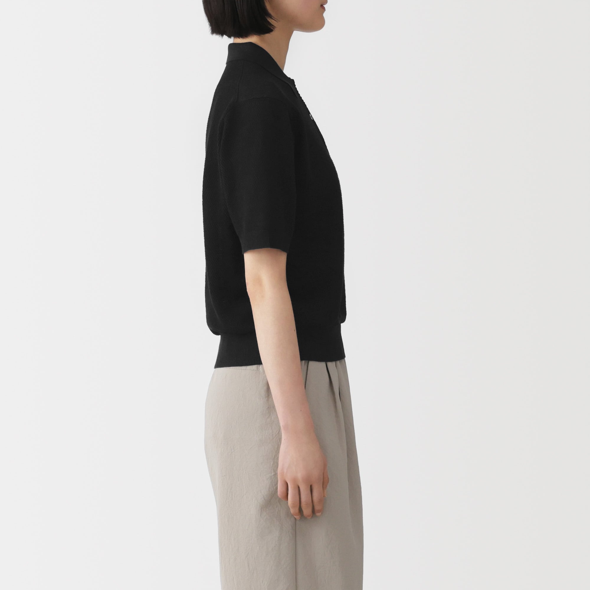 婦人　強撚透かし編みポロセーター