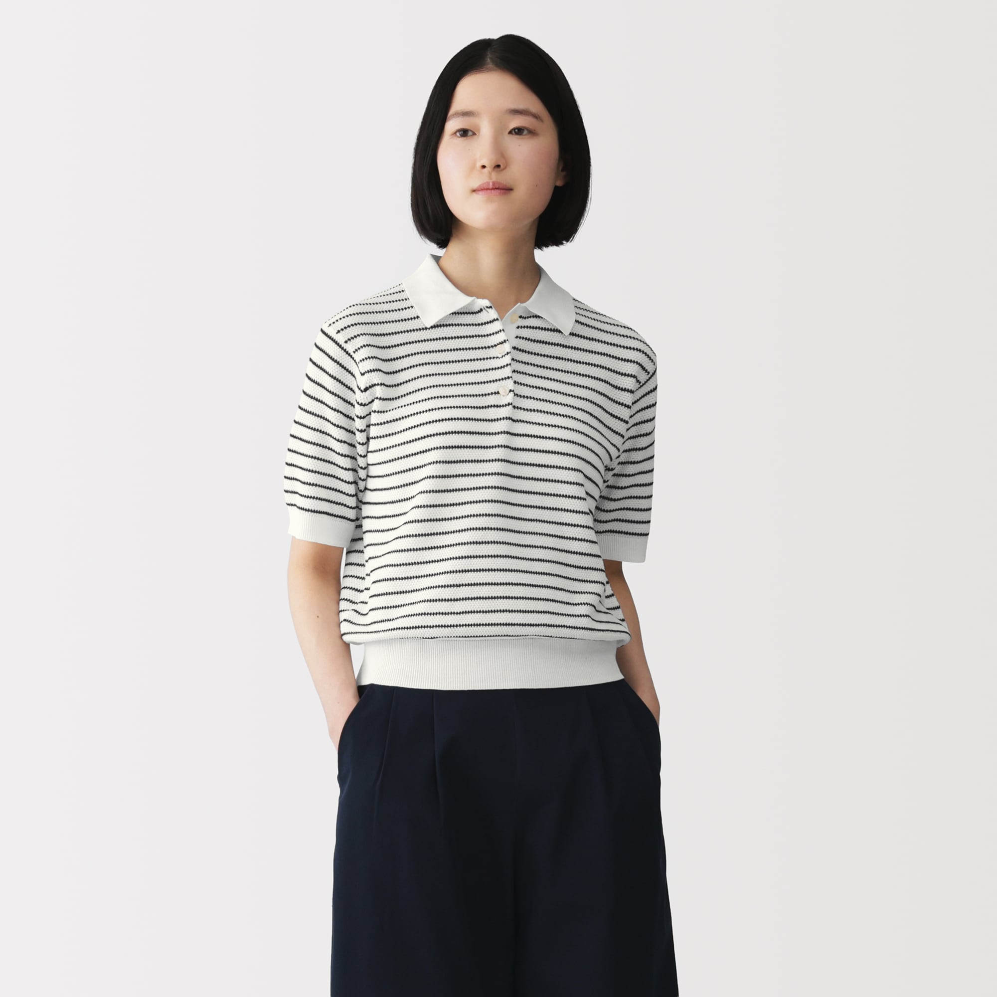 婦人　強撚透かし編みポロセーター