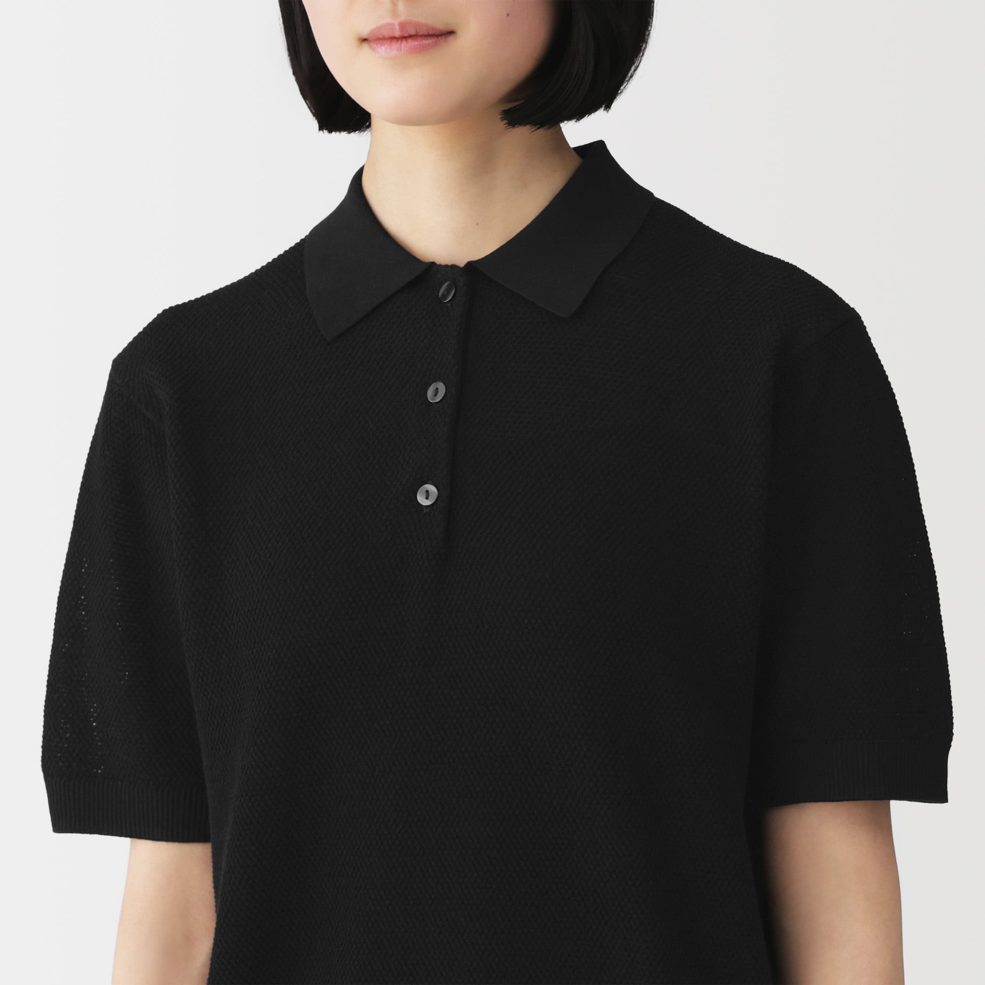 婦人　強撚透かし編みポロセーター