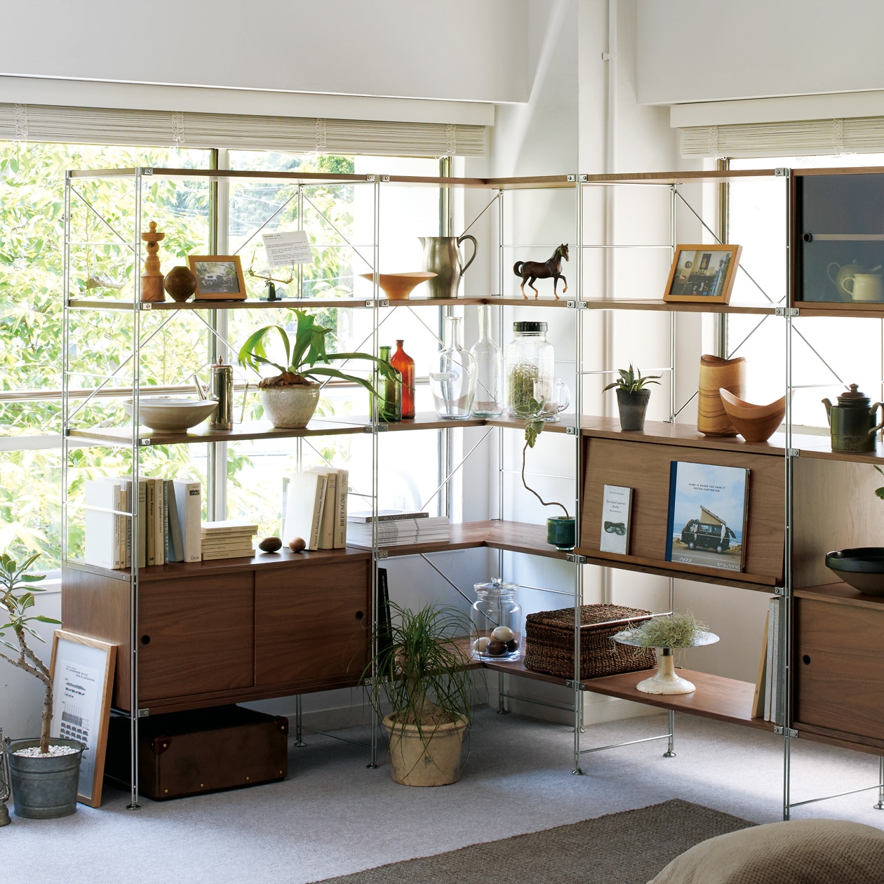 ステンレスユニットシェルフ・追加棚・コーナータイプ／ウォールナット材