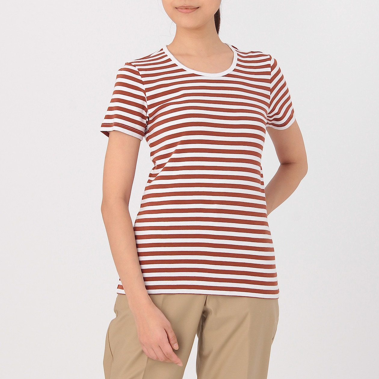 オーガニックコットンフライス編みクルーネック半袖ｔシャツ ボーダー 婦人ｓ 白 スモーキーピンク アウトレット 婦人 マタニティ トップス 通販 無印良品
