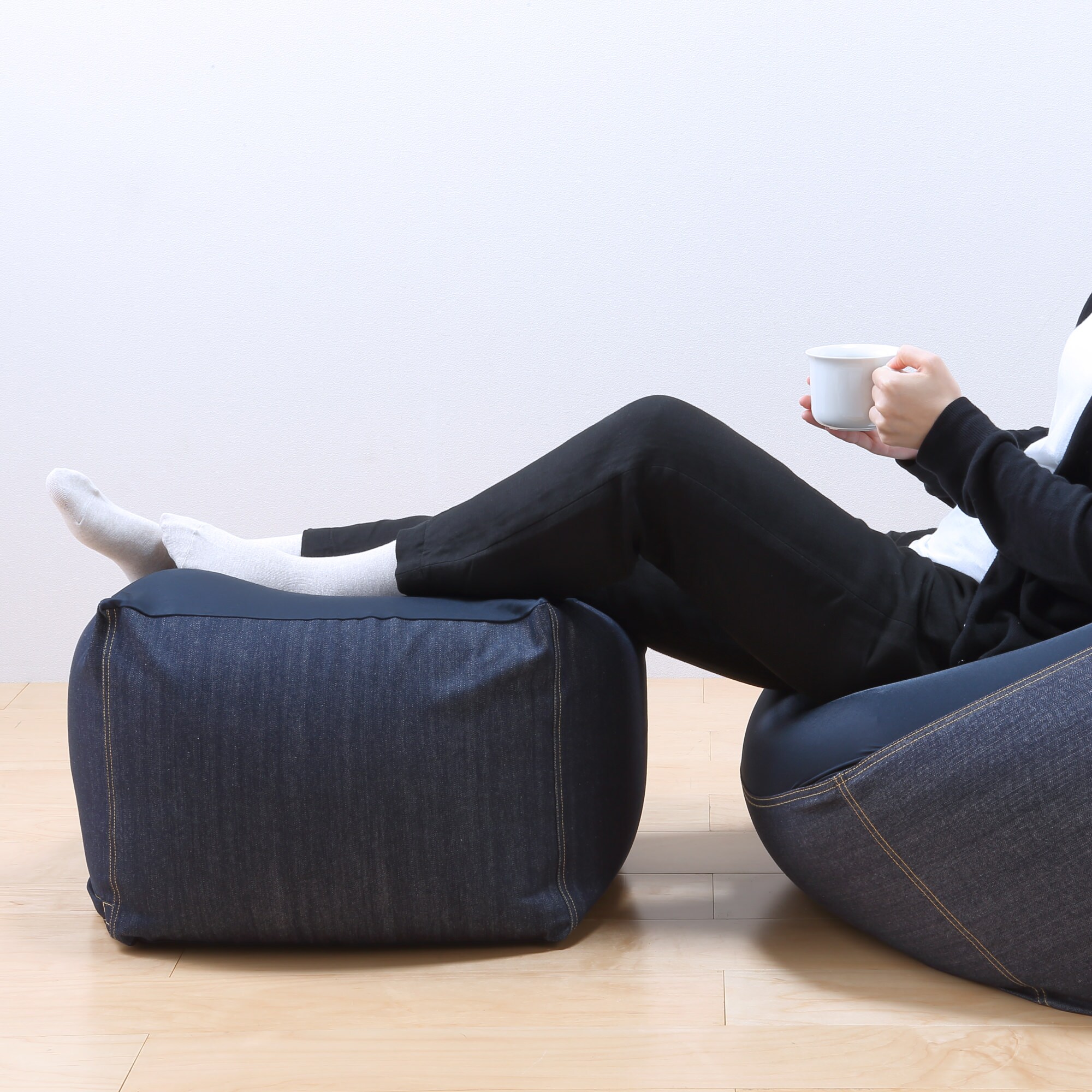 体にフィットするソファ・小・セット・綿デニム（ネイビー）