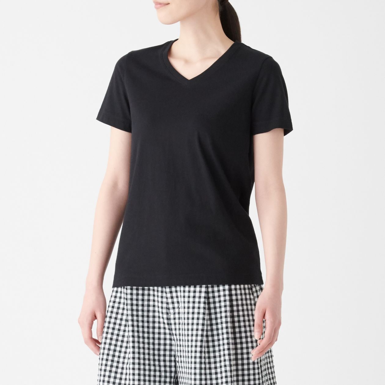 インド綿天竺編みｖネック半袖ｔシャツ 婦人ｍ 黒 Tシャツ カットソー シャツ 半袖 婦人 レディース 通販 無印良品