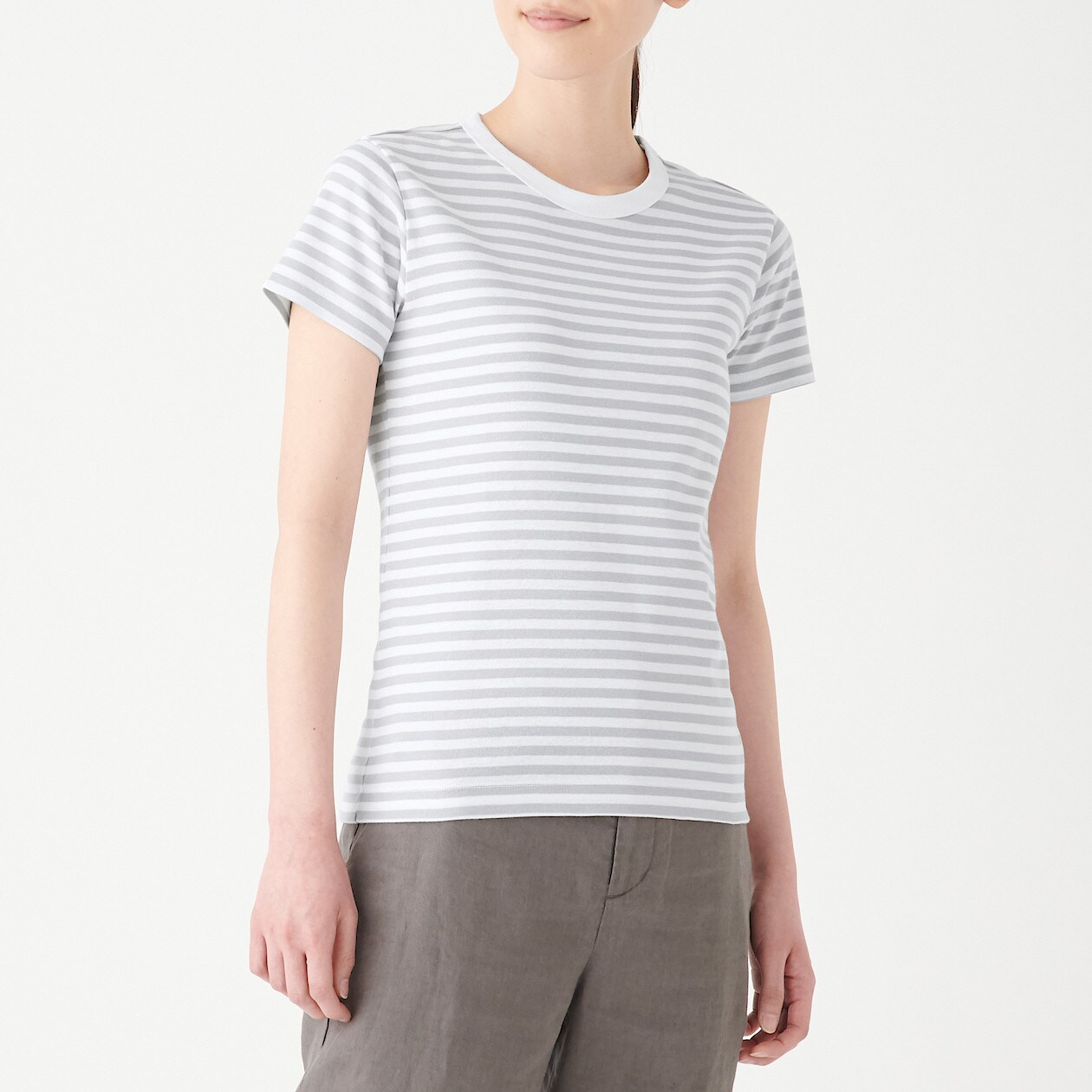 汗じみしにくいフライス編みクルーネック半袖tシャツ ボーダー 婦人s 白 ライトシルバーグレー Tシャツ カットソー シャツ 半袖 婦人 レディース 通販 無印良品 汗じみしにくいフライス編みクルーネック半袖tシャツ ボーダー 婦人s 白 ライトシルバーグレー Tシャツ カットソー シャツ 半袖 婦人 レディース 通販 無印良品
