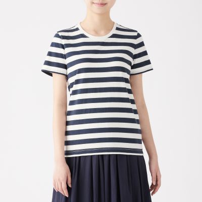 インド綿天竺編みクルーネック半袖ｔシャツ ボーダー 婦人ｘｓ 白 ダークネイビー アウトレット トップス 婦人 レディース 通販 無印 良品