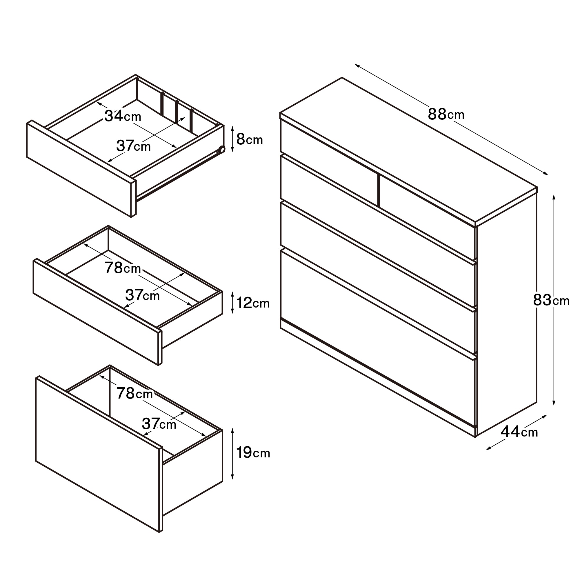 木製チェスト４段・オーク材
