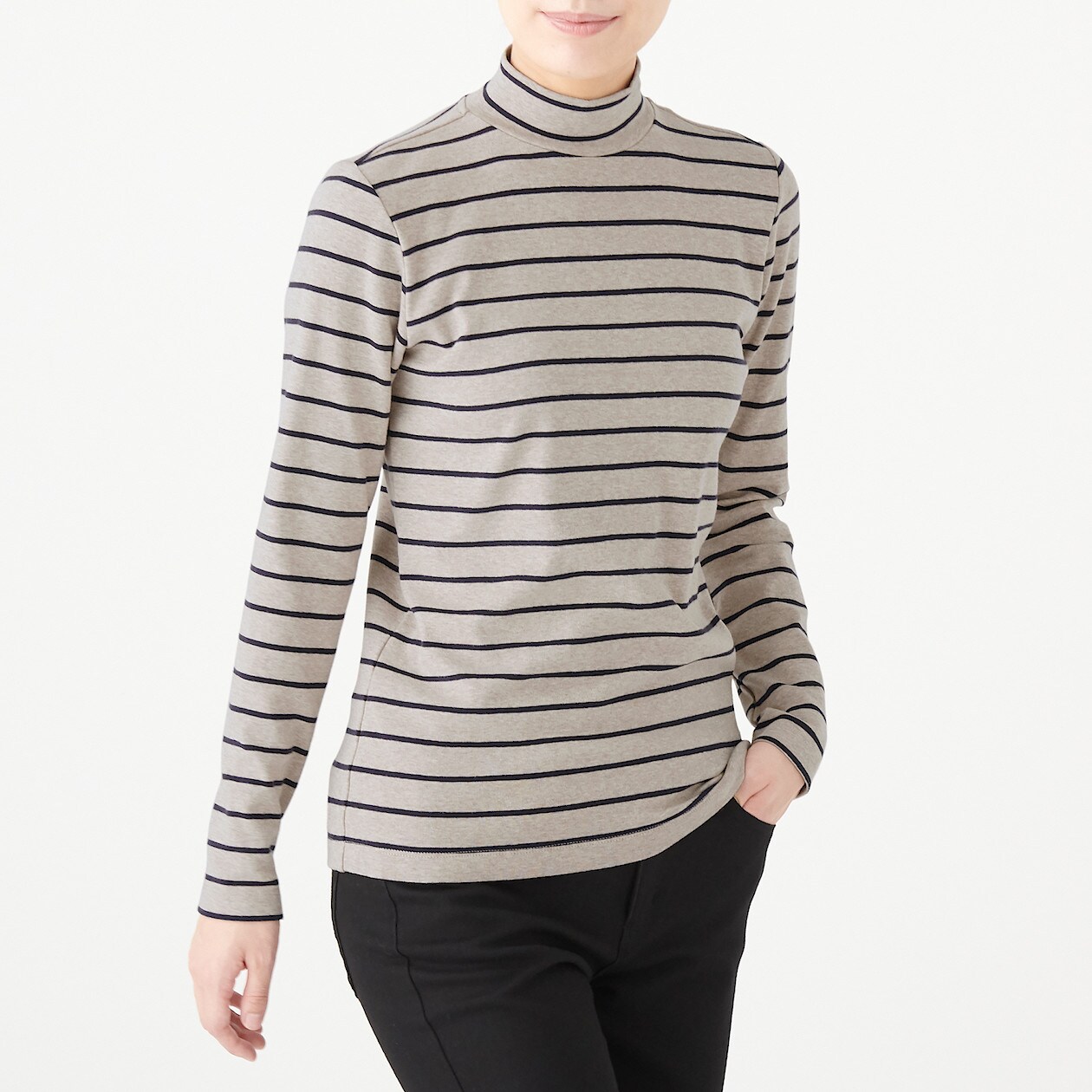 ストレッチフライス編みハイネックｔシャツ ボーダー 婦人ｘｓ ベージュ ダークネイビー ｔシャツ カットソー 長袖 七分袖 婦人 レディース 通販 無印良品
