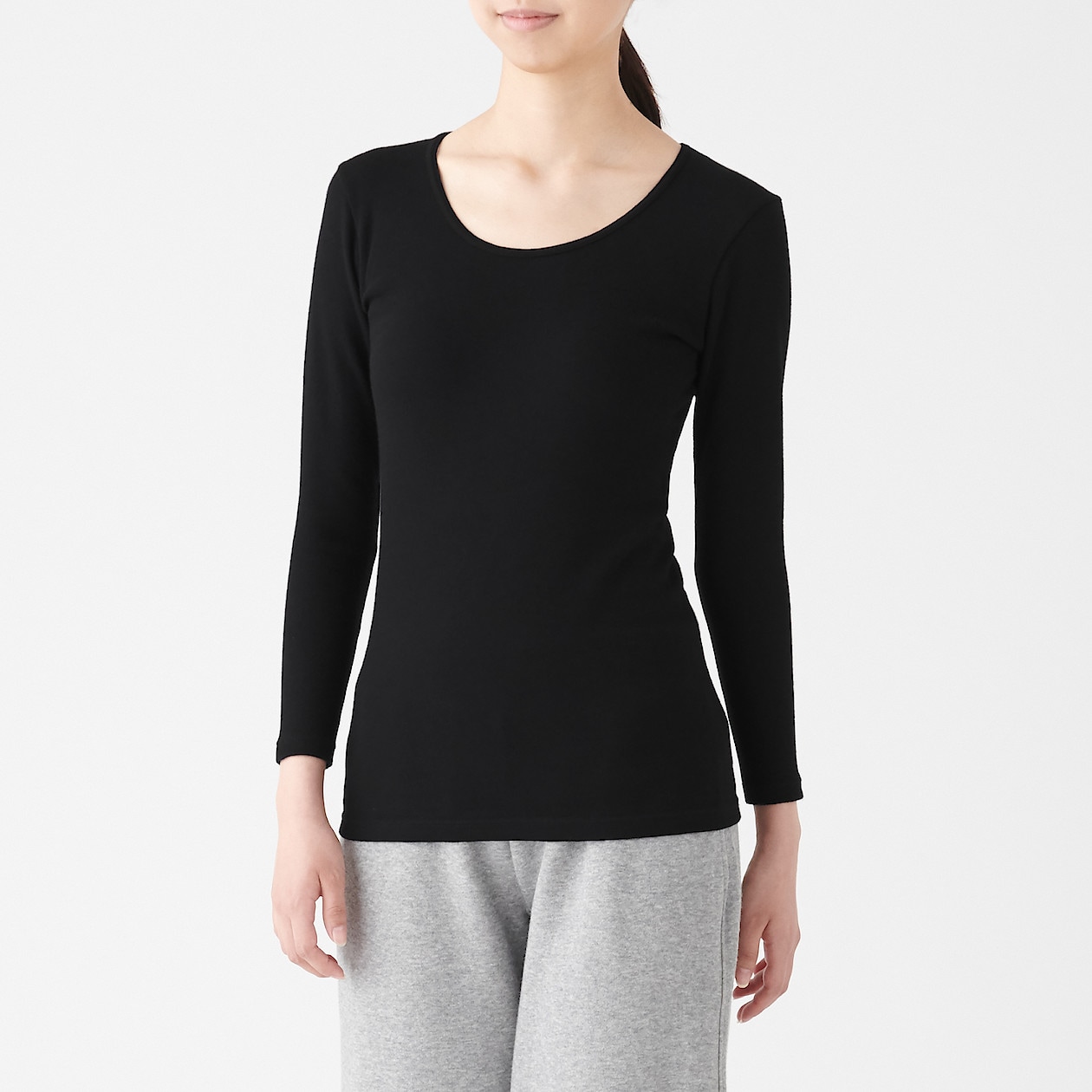 綿とウールで真冬もあったかｕネック八分袖ｔシャツ 婦人ｍ 黒 あったかインナー 婦人 レディース 通販 無印良品
