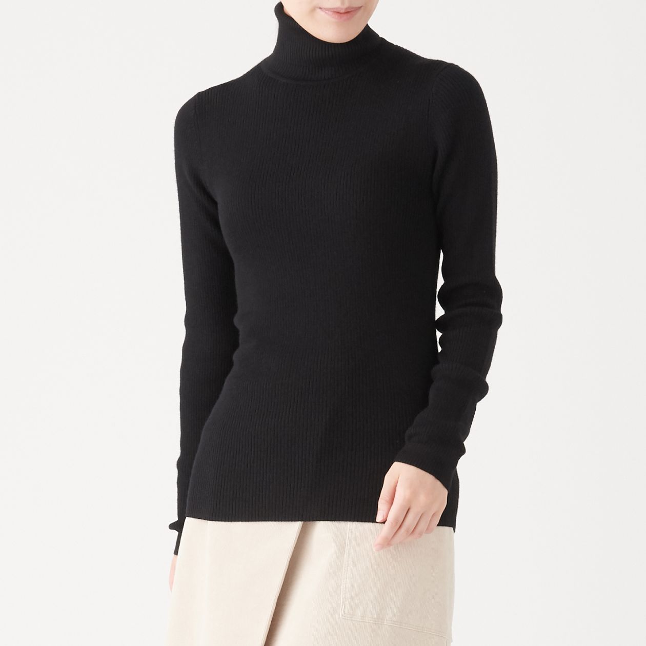 首のチクチクをおさえた 洗えるリブ編みタートルネックセーター 婦人ｓ 黒 通販 無印良品
