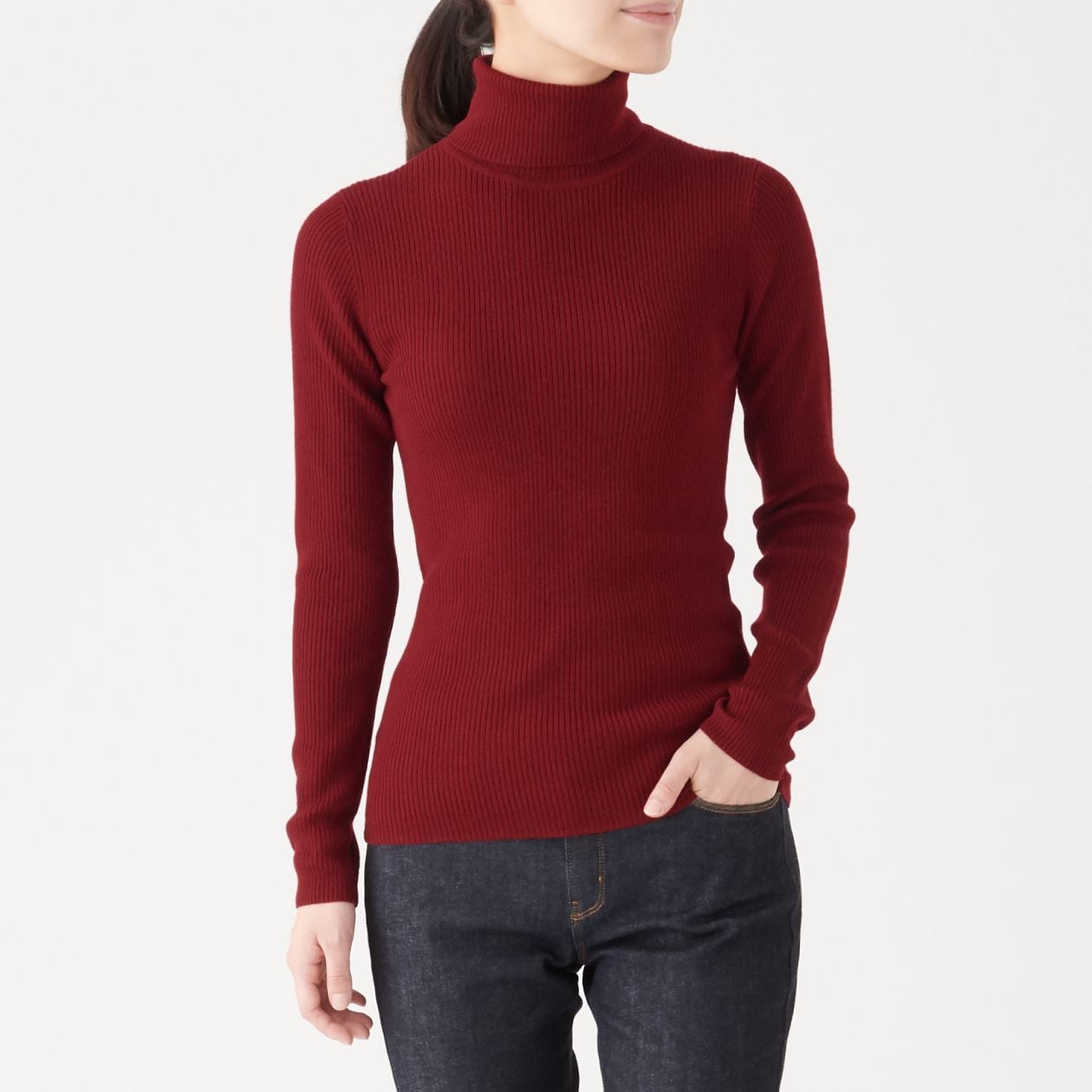 首のチクチクをおさえた 洗えるリブ編みタートルネックセーター 婦人ｘｓ 赤 通販 無印良品