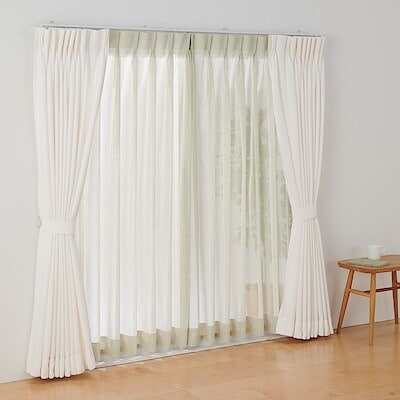 ポリエステル杢調ボイルプリーツカーテン２倍ヒダ／アイボリー